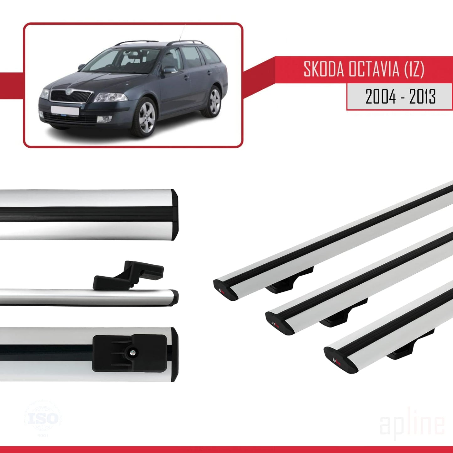 Compatible avec Skoda Octavia 2 (1Z) 2004-2013 BASIC Model Barres de Toit Railing Porte-Bagages de Voiture Gris Aluminium 3 Barres