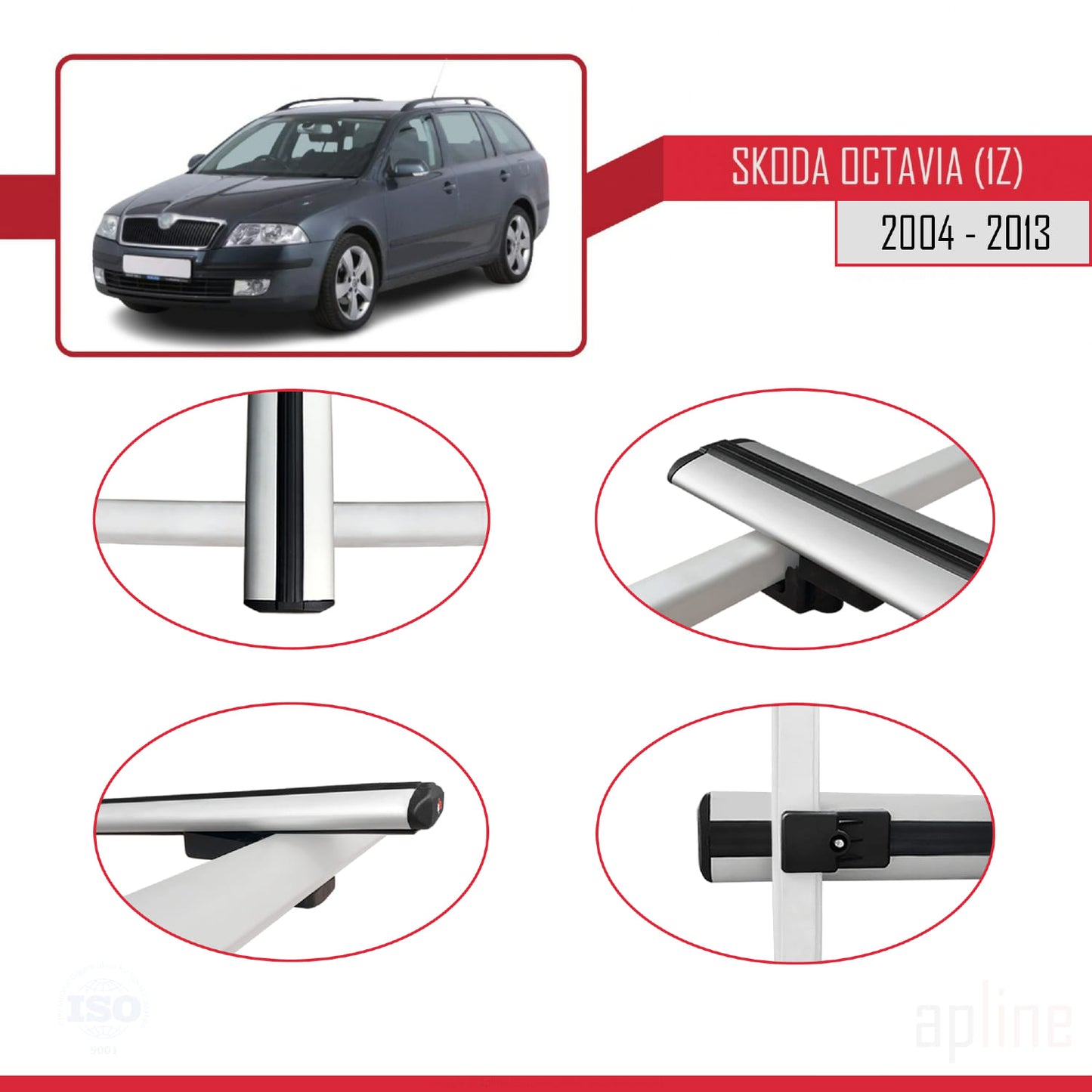 Compatible avec Skoda Octavia 2 (1Z) 2004-2013 BASIC Model Barres de Toit Railing Porte-Bagages de Voiture Gris Aluminium 3 Barres