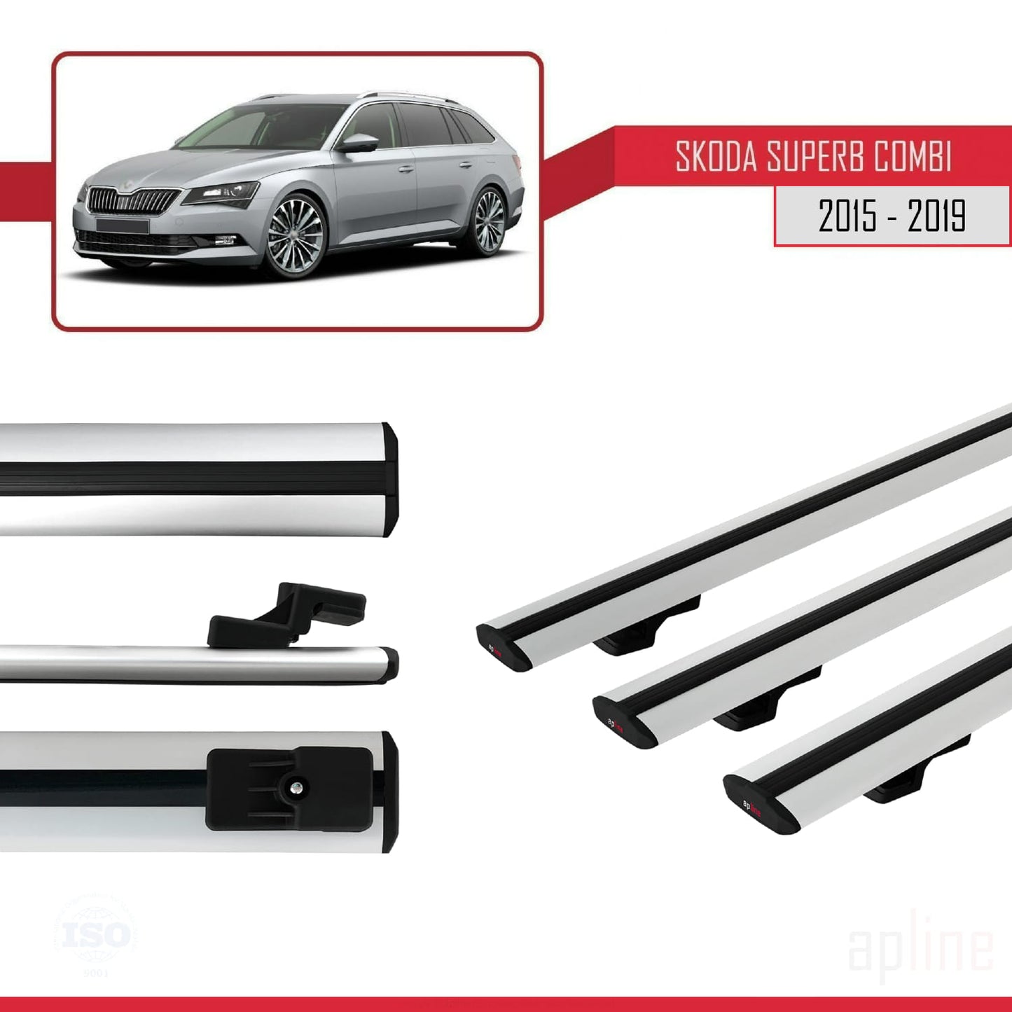 Compatible avec Skoda Superb 3 (3V) Break Pre-Facelift 2015-2019 BASIC Model Barres de Toit Railing Porte-Bagages de Voiture Gris Aluminium 3 Barres