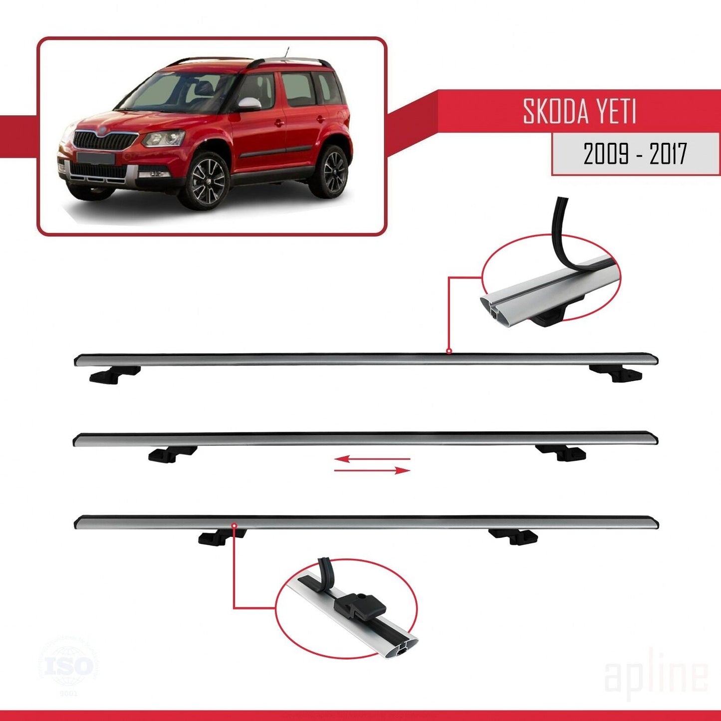 Compatible avec Skoda Yeti 2009-2017  BASIC Model Barres de Toit Railing Porte-Bagages de Voiture Gris Aluminium 2 Barres