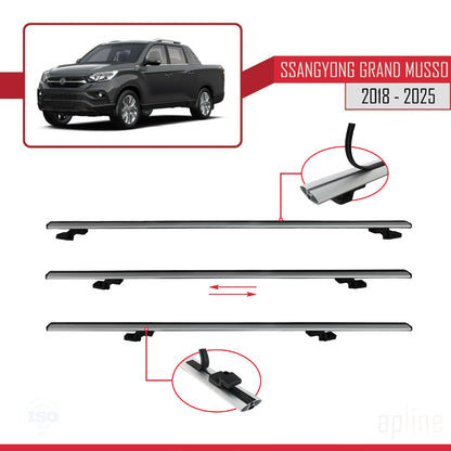 Compatible avec Ssangyong Grand Musso 2018-2025 BASIC Model Barres de Toit Railing Porte-Bagages de Voiture Gris Aluminium 3 Barres