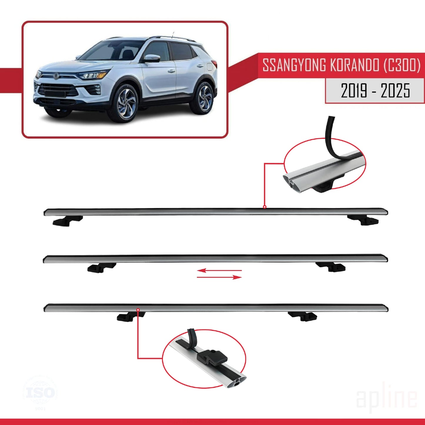 Compatible avec Ssangyong Korando 4 (C300) 2019-2025 BASIC Model Barres de Toit Railing Porte-Bagages de Voiture Gris Aluminium 3 Barres