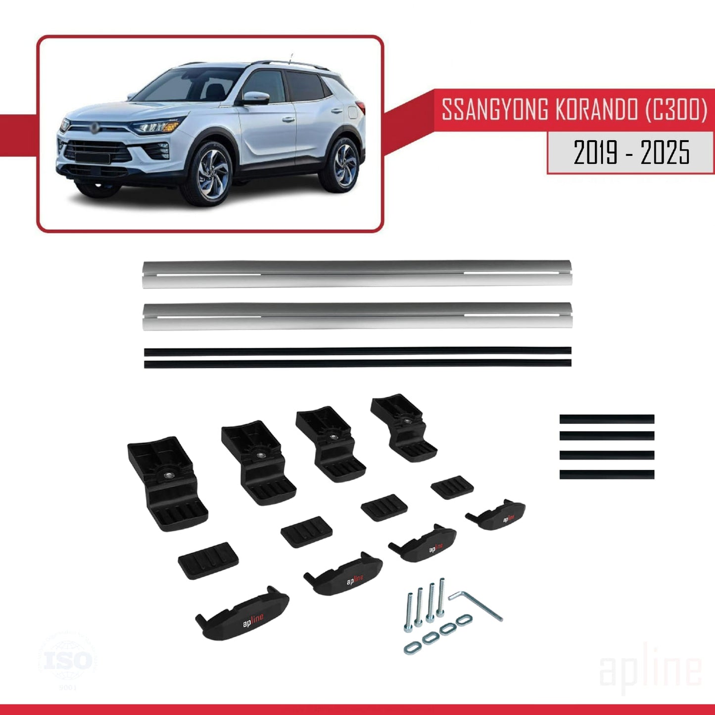 Compatible avec Ssangyong Korando 4 (C300) 2019-2025 BASIC Model Barres de Toit Railing Porte-Bagages de Voiture Gris Aluminium 2 Barres
