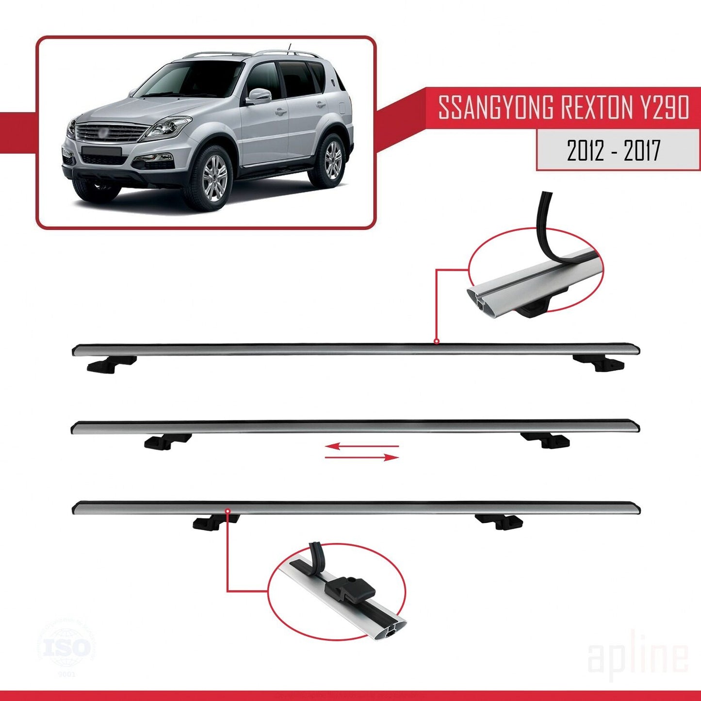 Compatible with Ssangyong Rexton (Y290) 2012-2017 BASIC Model Car Roof Rack Cross Bar Grey Aluminium 2 Bars