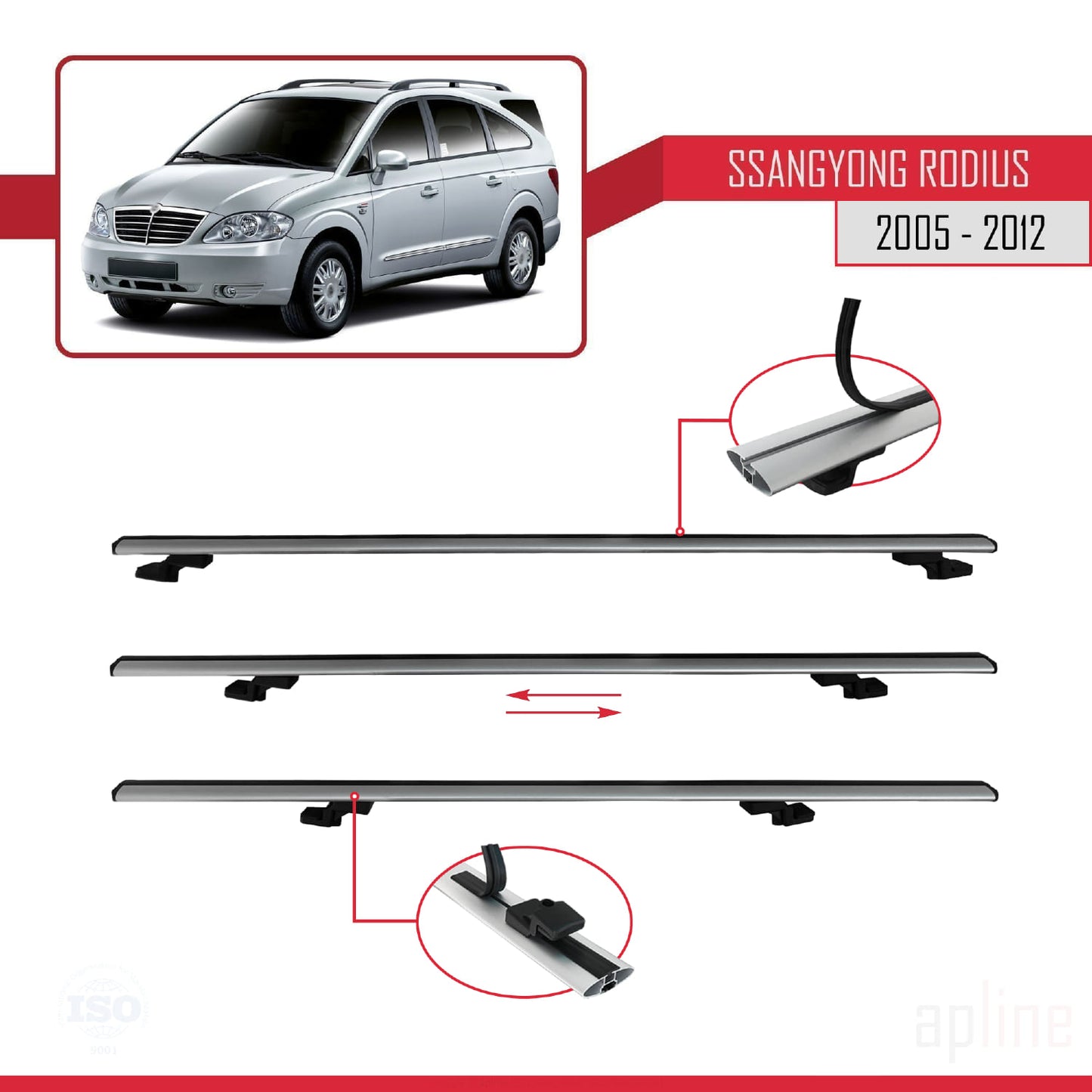 Compatible avec Ssangyong Rodius 2005-2012 BASIC Model Barres de Toit Railing Porte-Bagages de Voiture Gris Aluminium 2 Barres