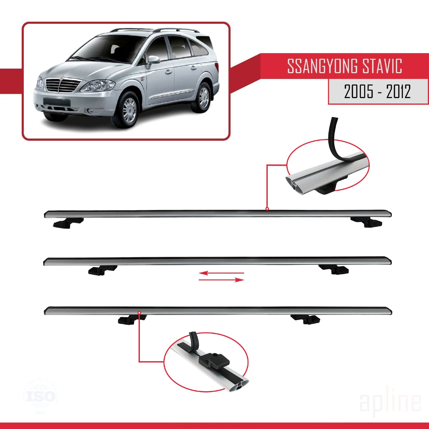 Compatible avec Ssangyong Stavic 2005-2012 BASIC Model Barres de Toit Railing Porte-Bagages de Voiture Gris Aluminium 3 Barres