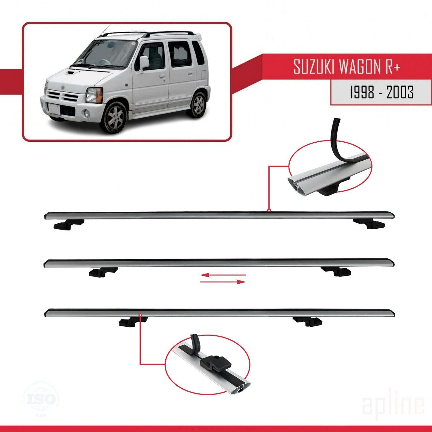 Compatible avec Suzuki Wagon R+ 1998-2003 BASIC Model Barres de Toit Railing Porte-Bagages de Voiture Gris Aluminium 2 Barres