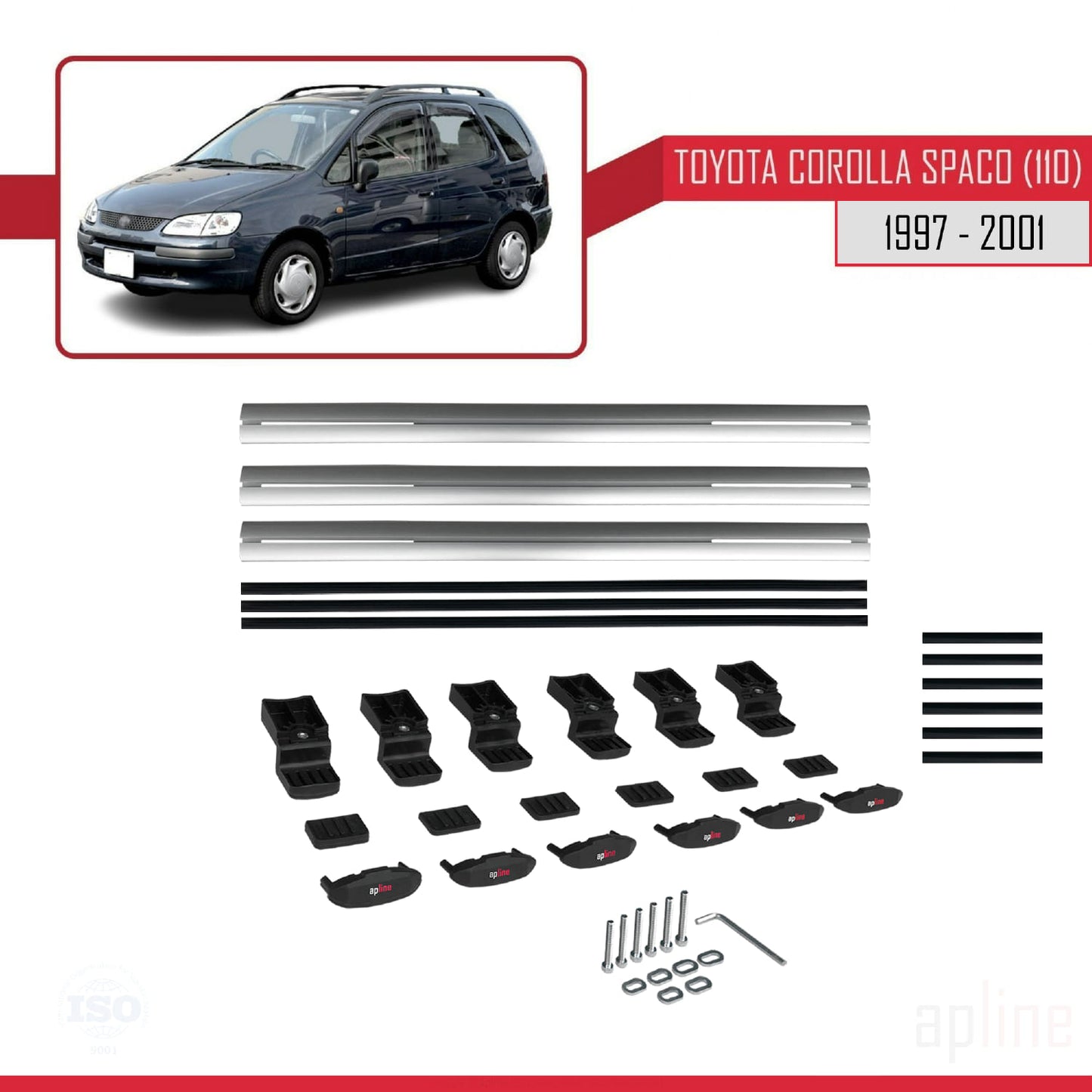 Compatible avec Toyota Corolla Spacio (E110) 1997-2001 BASIC Model Barres de Toit Railing Porte-Bagages de Voiture Gris Aluminium 3 Barres