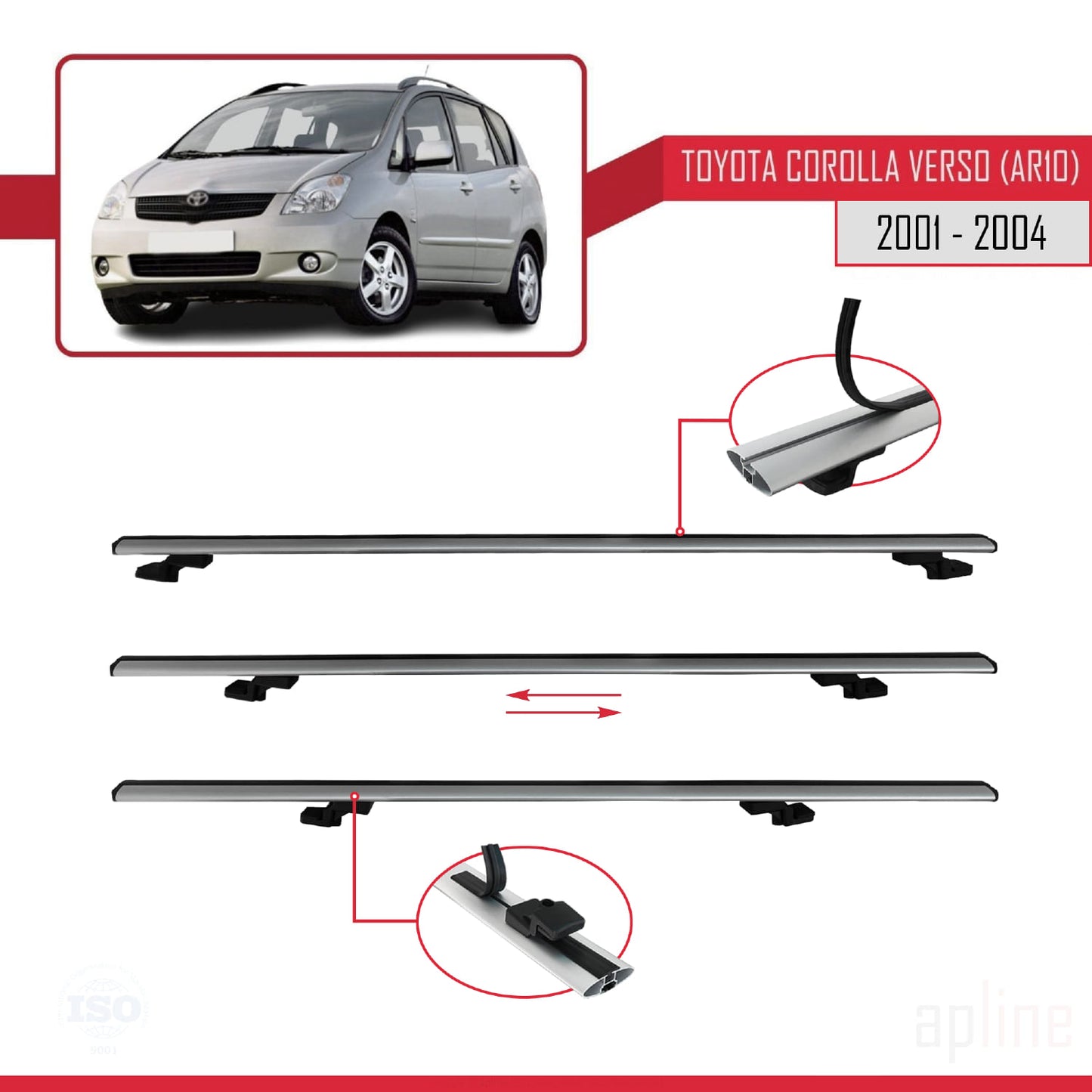 Compatible avec Toyota Corolla Verso (E120) 2001-2004 BASIC Model Barres de Toit Railing Porte-Bagages de Voiture Gris Aluminium 3 Barres