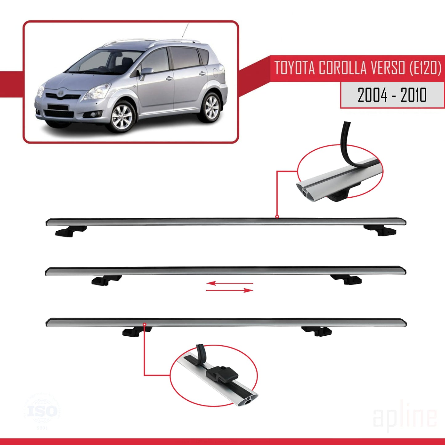 Compatible avec Toyota Corolla Verso 2 (AR10) 2004-2010 BASIC Model Barres de Toit Railing Porte-Bagages de Voiture Gris Aluminium 2 Barres