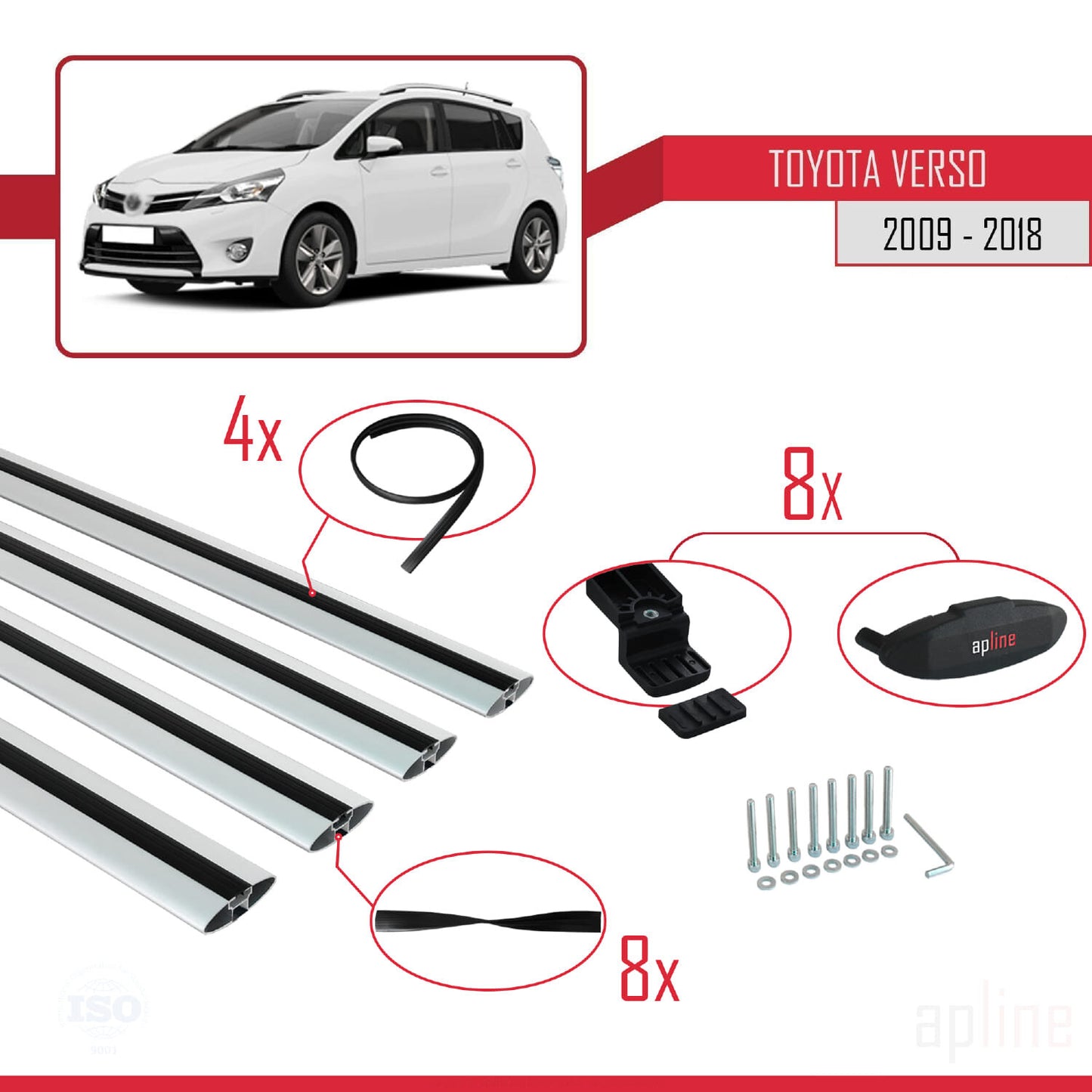 Compatible avec Toyota Verso (AR20) 2009-2018 BASIC Model Barres de Toit Railing Porte-Bagages de Voiture Gris Aluminium 4 Barres