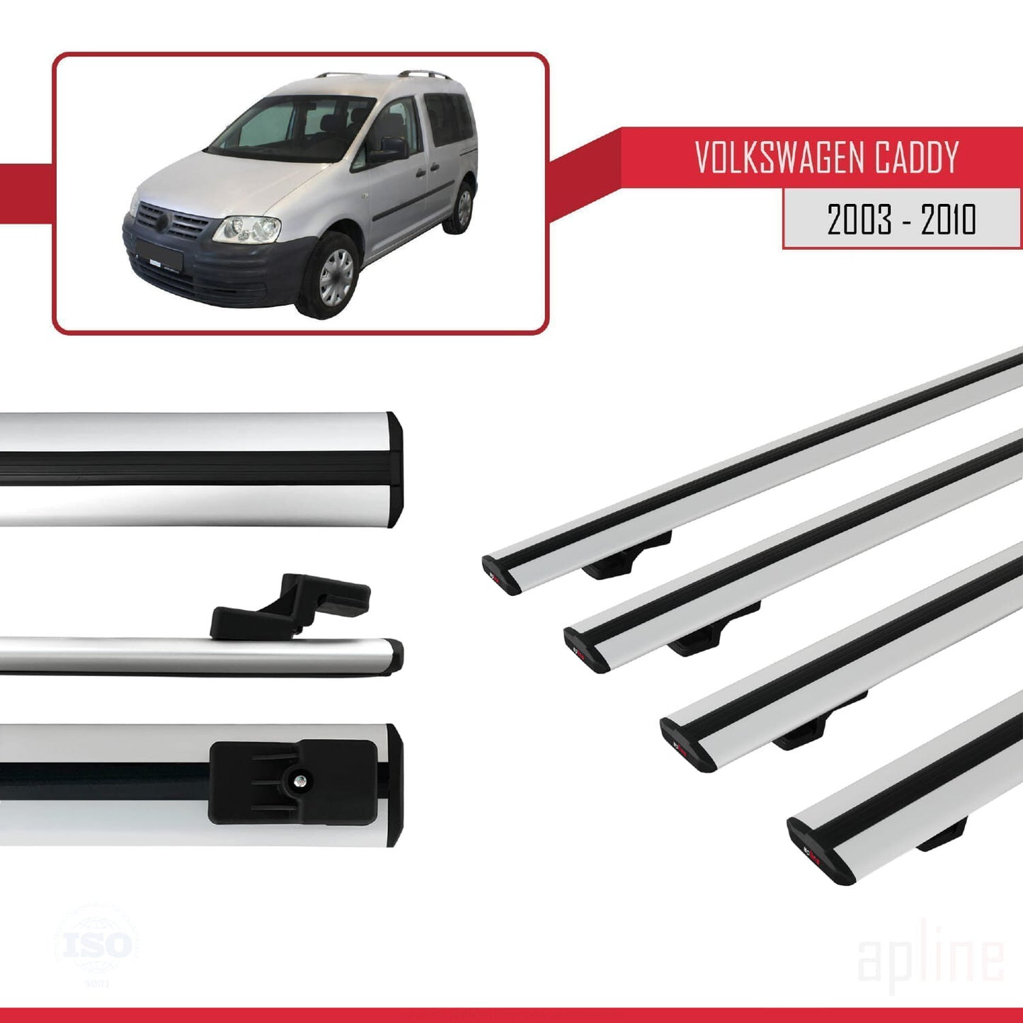 Compatible avec Volkswagen Caddy 3 (2K) 2003-2010 BASIC Model Barres de Toit Railing Porte-Bagages de Voiture Gris Aluminium 4 Barres