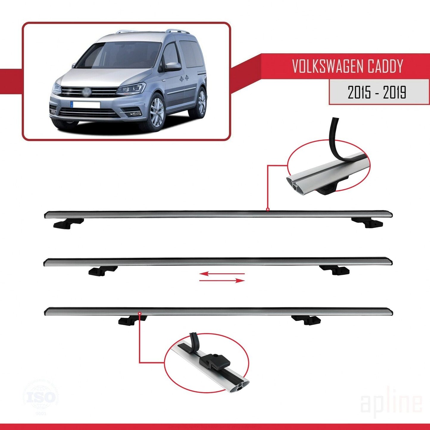 Compatible avec Volkswagen Caddy 3 (SA) 2015-2019 BASIC Model Barres de Toit Railing Porte-Bagages de Voiture Gris Aluminium 3 Barres