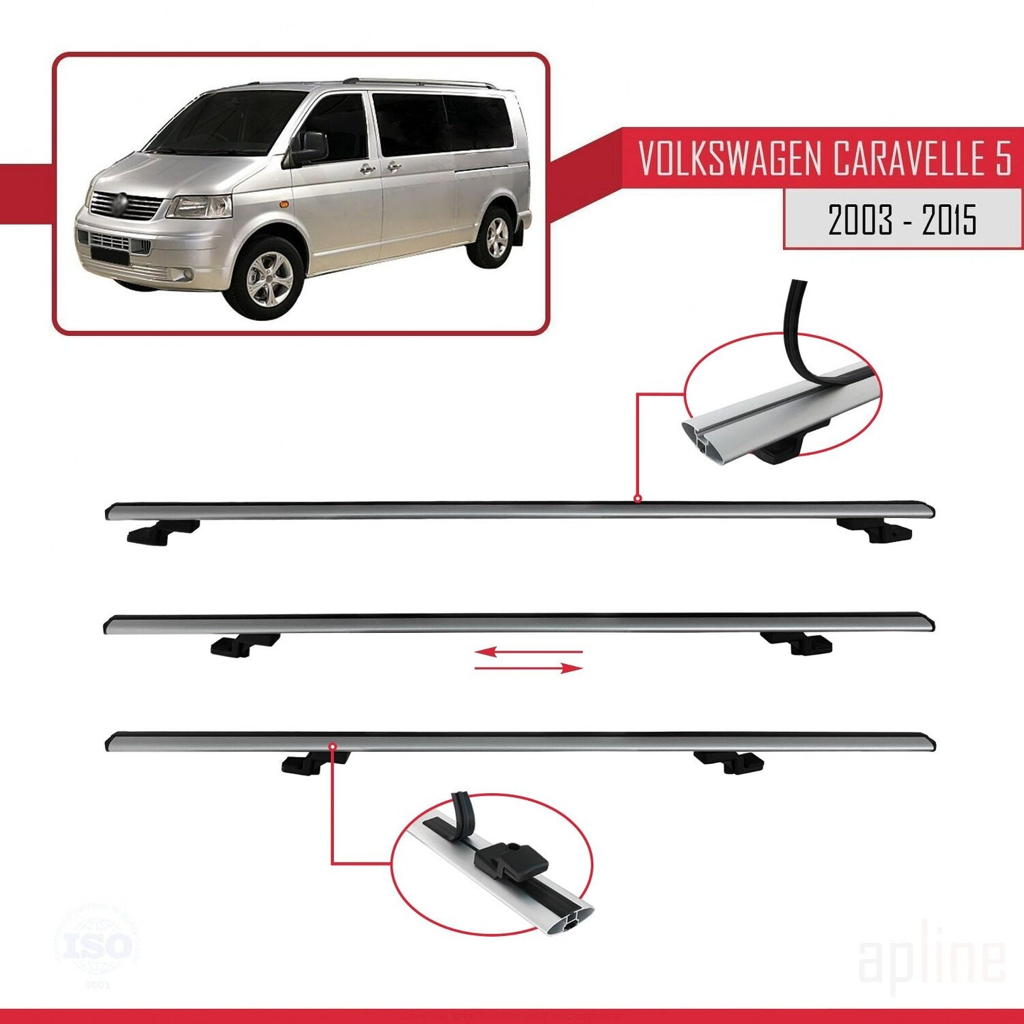 Compatible avec Volkswagen T5 Caravelle 2003-2015 BASIC Model Barres de Toit Railing Porte-Bagages de Voiture Gris Aluminium 3 Barres