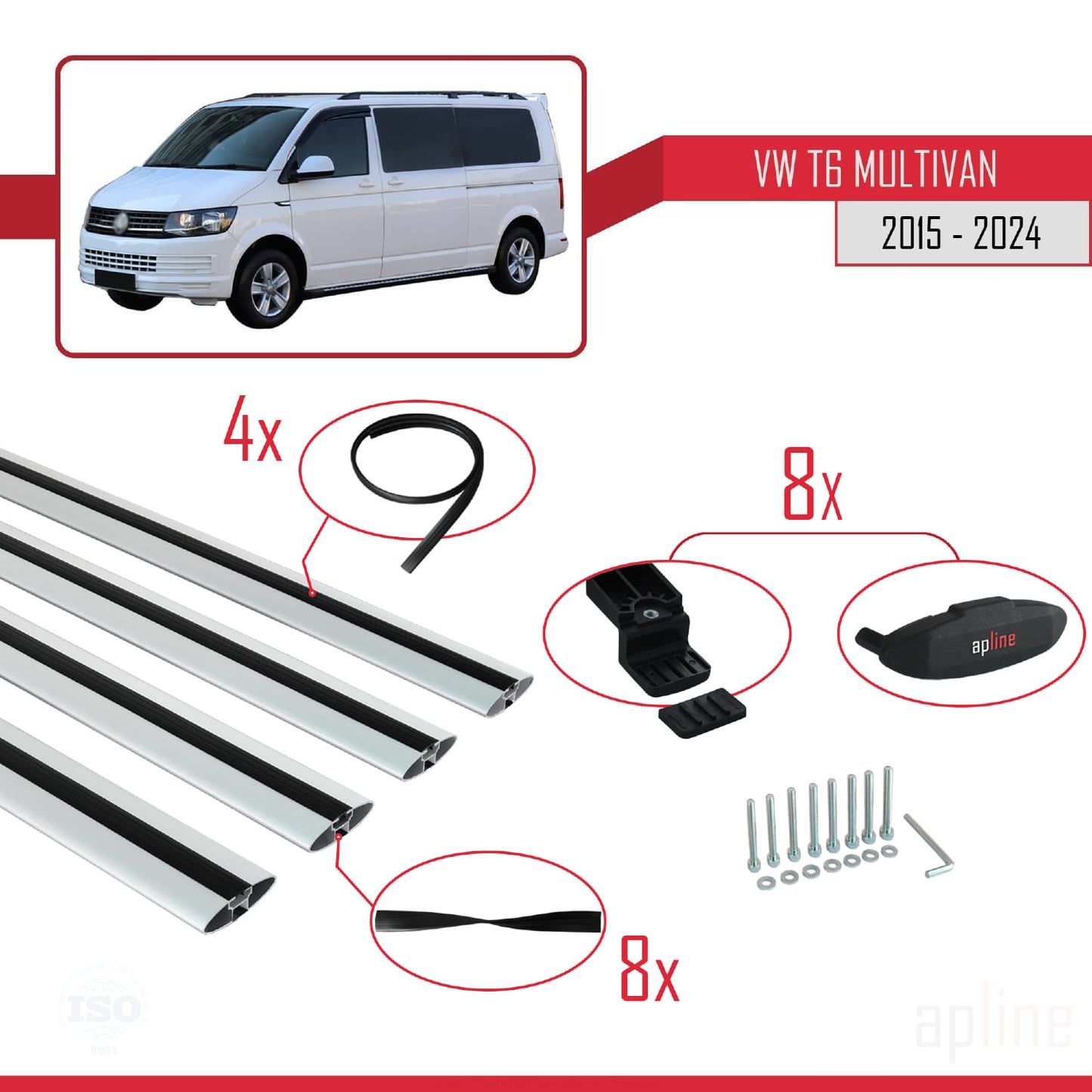 Compatible avec Volkswagen T6 Multivan 2015-2024 BASIC Model Barres de Toit Railing Porte-Bagages de Voiture Gris Aluminium 4 Barres