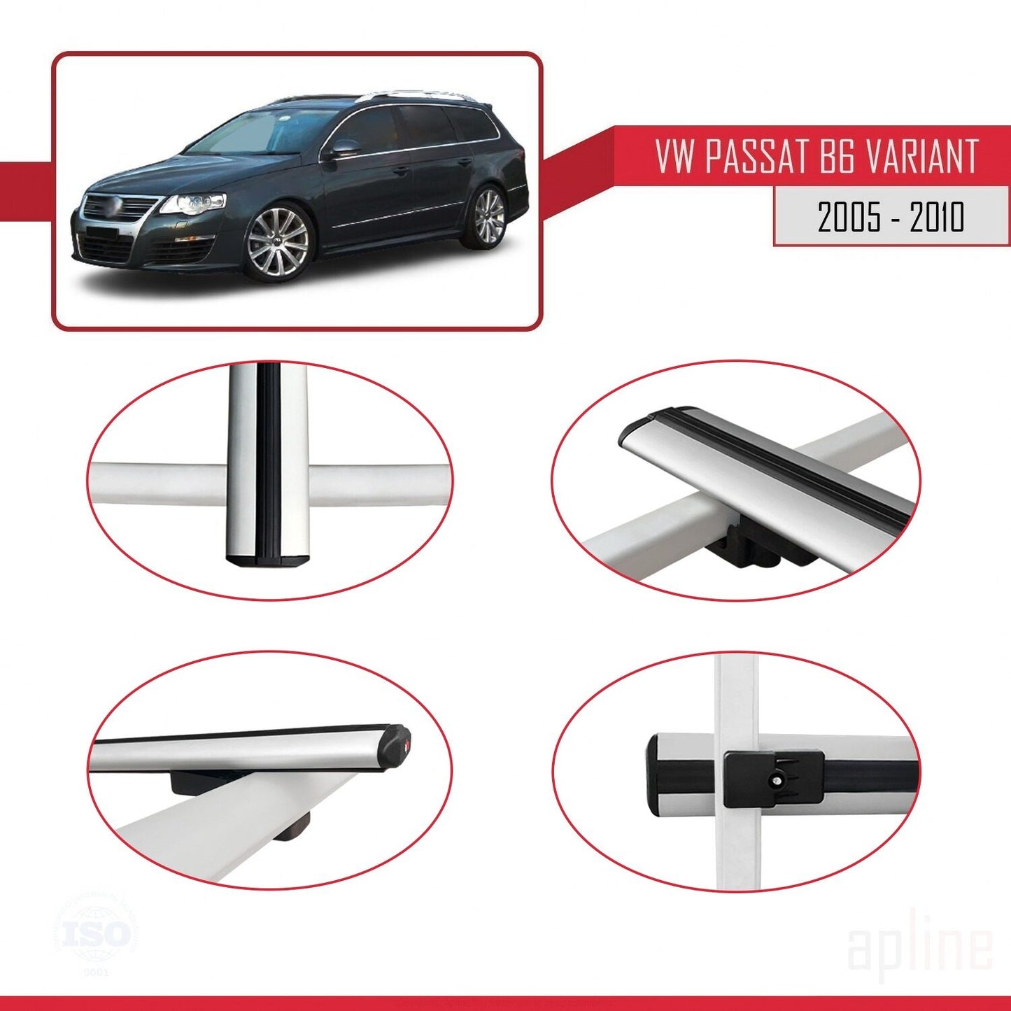Compatible avec Volkswagen Passat B6 (3C) Variant 2005-2010 BASIC Model Barres de Toit Railing Porte-Bagages de Voiture Gris Aluminium 2 Barres