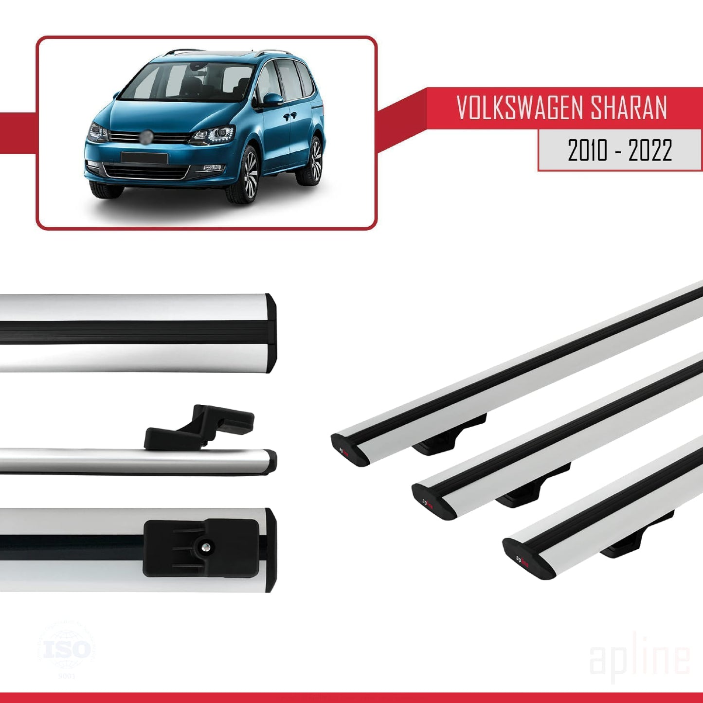Compatible avec Volkswagen Sharan 2 (7N) 2010-2022 BASIC Model Barres de Toit Railing Porte-Bagages de Voiture Gris Aluminium 3 Barres