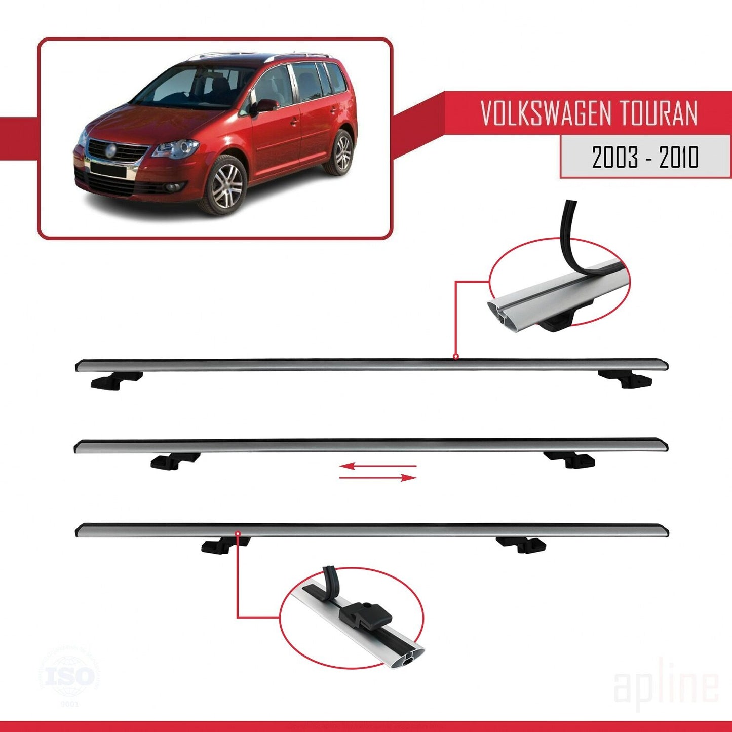Compatible avec Volkswagen Touran (1T) Pre-Facelift 2003-2010 BASIC Model Barres de Toit Railing Porte-Bagages de Voiture Gris Aluminium 2 Barres