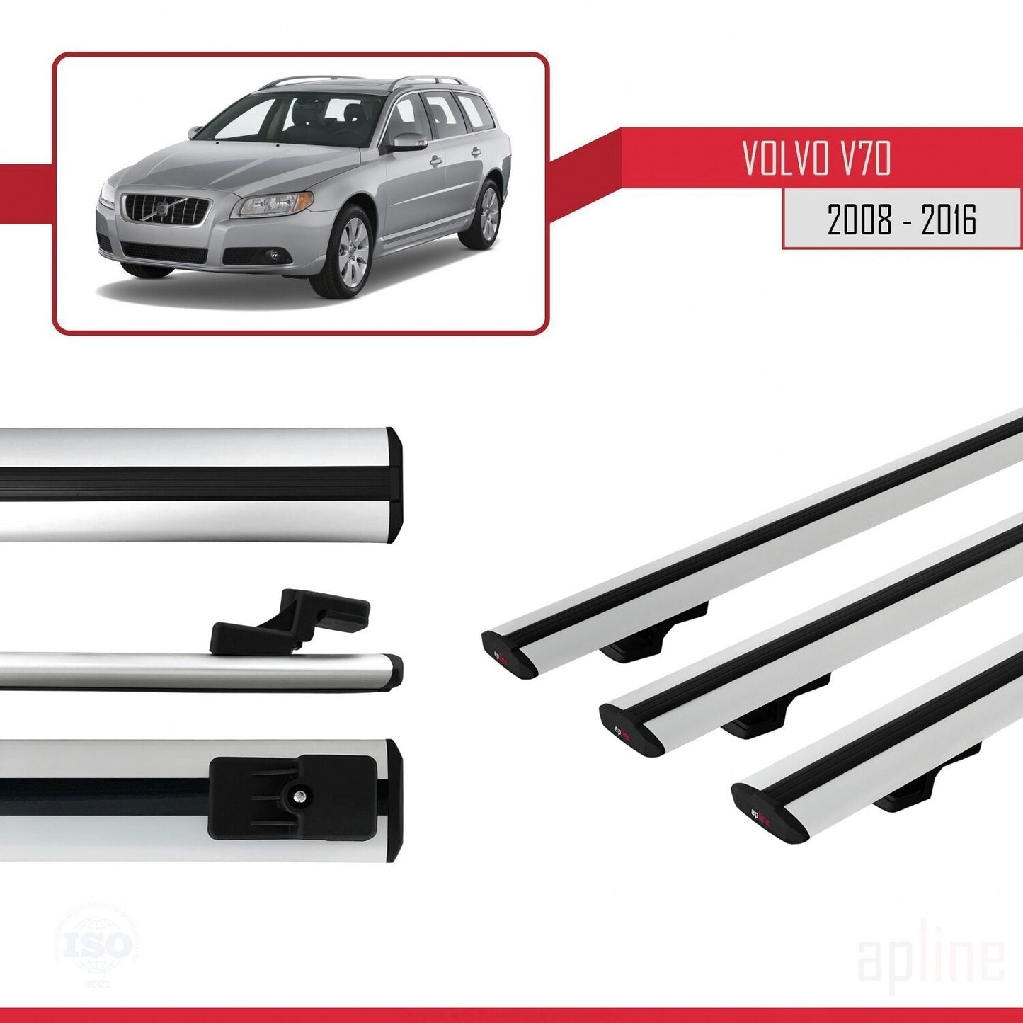 Compatible avec Volvo V70 III 2008-2016 BASIC Model Barres de Toit Railing Porte-Bagages de Voiture Gris Aluminium 3 Barres