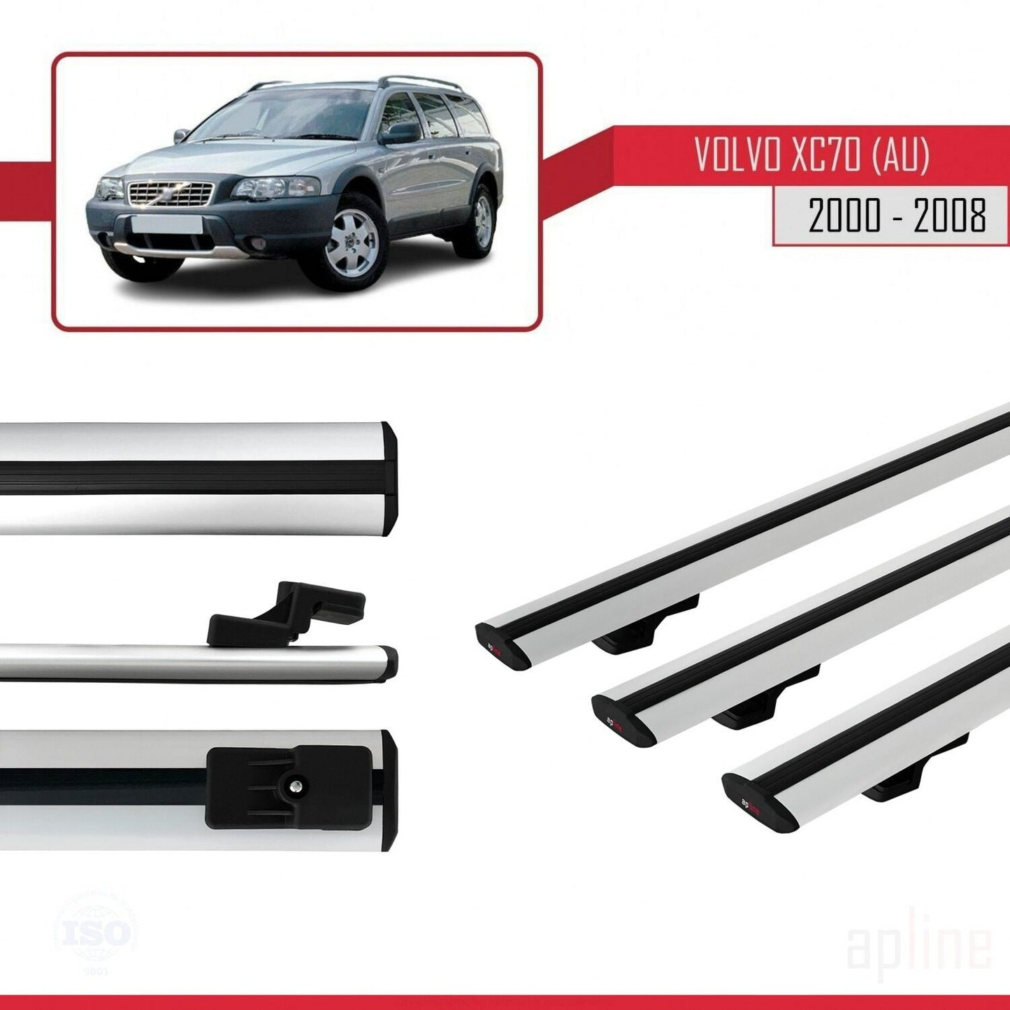Compatible avec Volvo XC70 (P2) 2000-2007 BASIC Model Barres de Toit Railing Porte-Bagages de Voiture Gris Aluminium 3 Barres