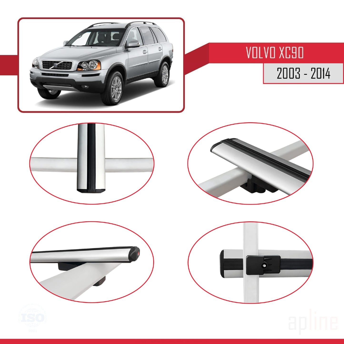 Compatible avec Volvo XC90 2003-2014 BASIC Model Barres de Toit Railing Porte-Bagages de Voiture Gris Aluminium 3 Barres