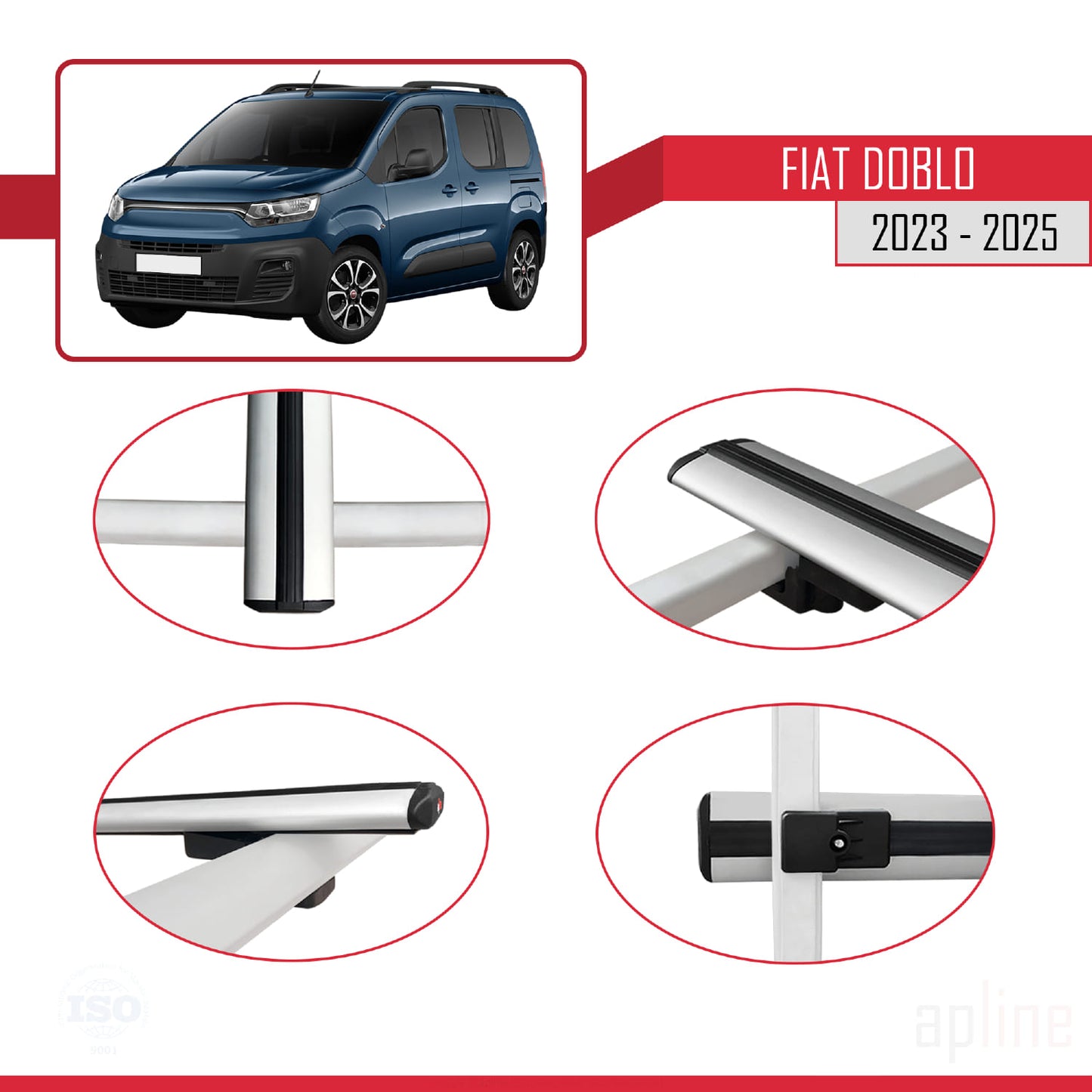 Compatible avec Fiat Doblo 3 2023-2025 BASIC Model Barres de Toit Railing Porte-Bagages de Voiture Gris Aluminium 4 Barres