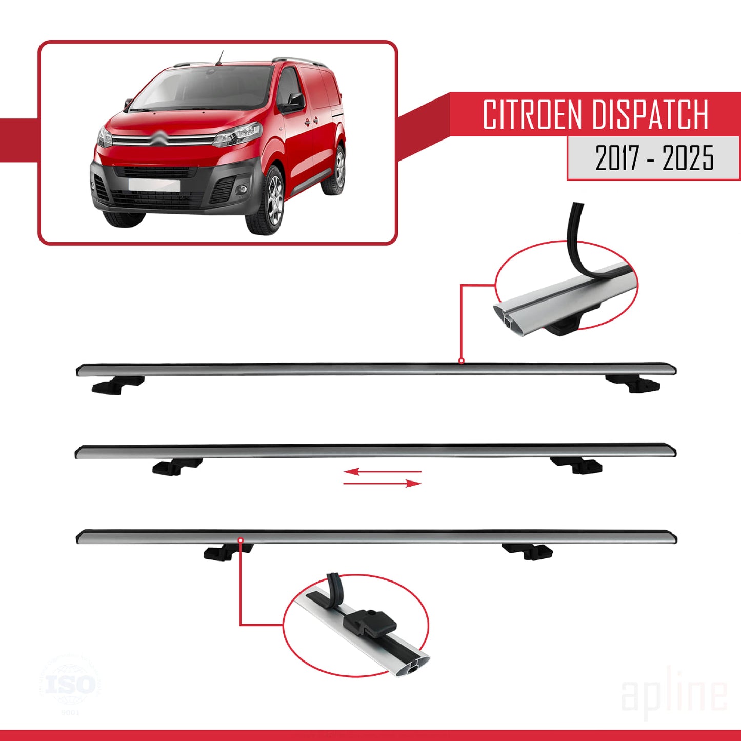 Compatible avec Citroen Dispatch (K0) 2017-2025 BASIC Model Barres de Toit Railing Porte-Bagages de Voiture Gris Aluminium 3 Barres