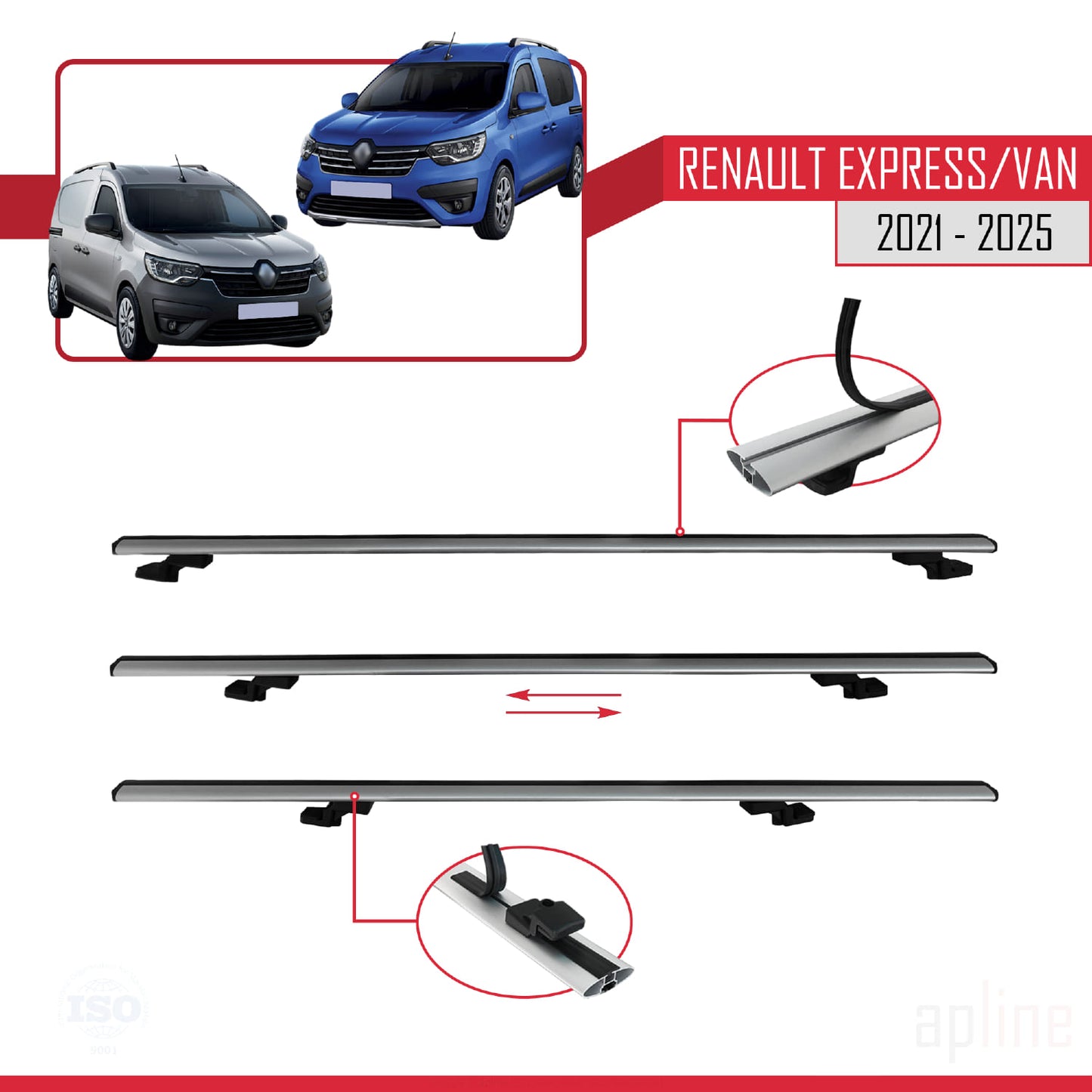 Compatible avec Renault Express 2021-2025 BASIC Model Barres de Toit Railing Porte-Bagages de Voiture Gris Aluminium 4 Barres