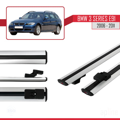 Compatible avec BMW 3 Series E91 Touring 2006-2011 BASIC Model Barres de Toit Railing Porte-Bagages de Voiture Gris Aluminium 2 Barres