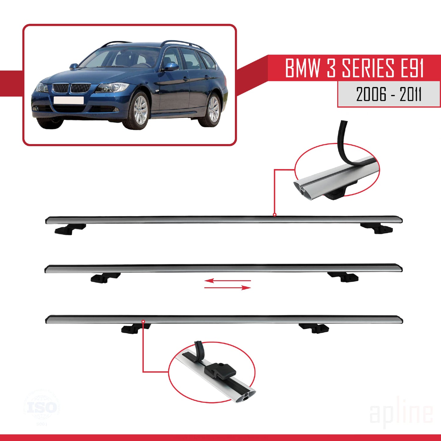 Compatible avec BMW 3 Series E91 Touring 2006-2011 BASIC Model Barres de Toit Railing Porte-Bagages de Voiture Gris Aluminium 2 Barres