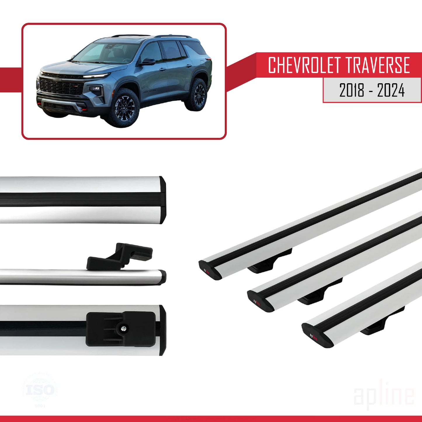 Compatible avec Chevrolet Traverse 2018-2024 BASIC Model Barres de Toit Railing Porte-Bagages de Voiture Gris Aluminium 3 Barres