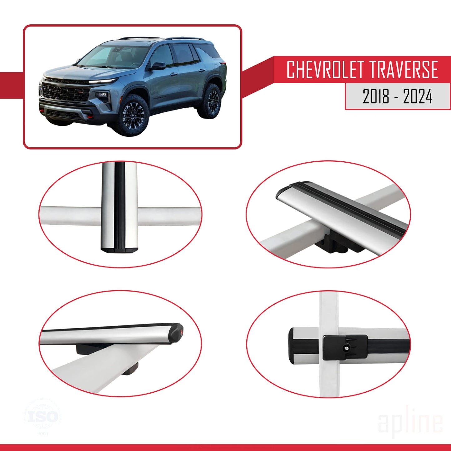 Compatible avec Chevrolet Traverse 2018-2024 BASIC Model Barres de Toit Railing Porte-Bagages de Voiture Gris Aluminium 3 Barres