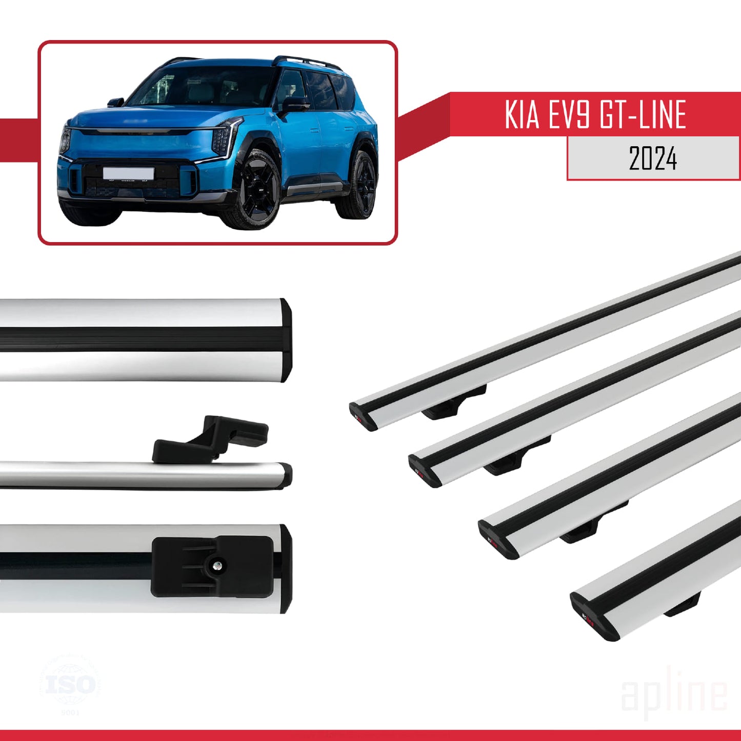 Compatible avec KIA EV9 GT-LINE 2024-2025 BASIC Model Barres de Toit Railing Porte-Bagages de Voiture Gris Aluminium 4 Barres