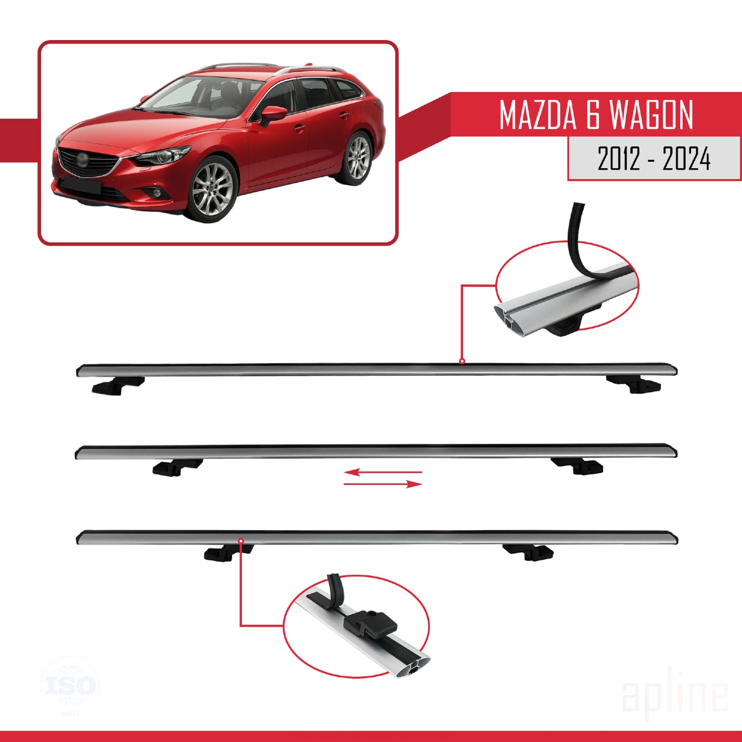 Compatible avec Mazda 6 Wagon 2012-2024 BASIC Model Barres de Toit Railing Porte-Bagages de Voiture Gris Aluminium 2 Barres