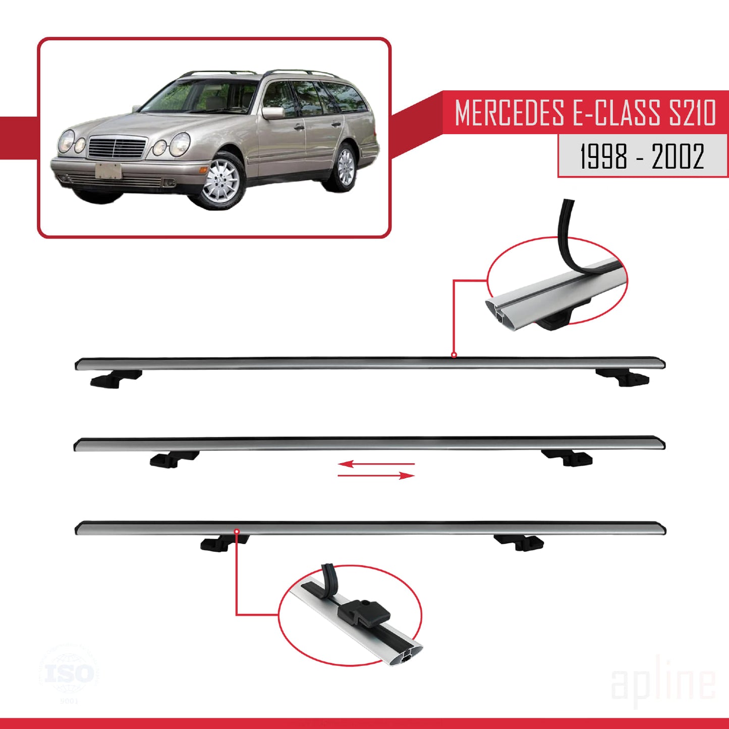 Compatible avec Mercedes E Class S210 Wagon 1998-2002 BASIC Model Barres de Toit Railing Porte-Bagages de Voiture Gris Aluminium 2 Barres