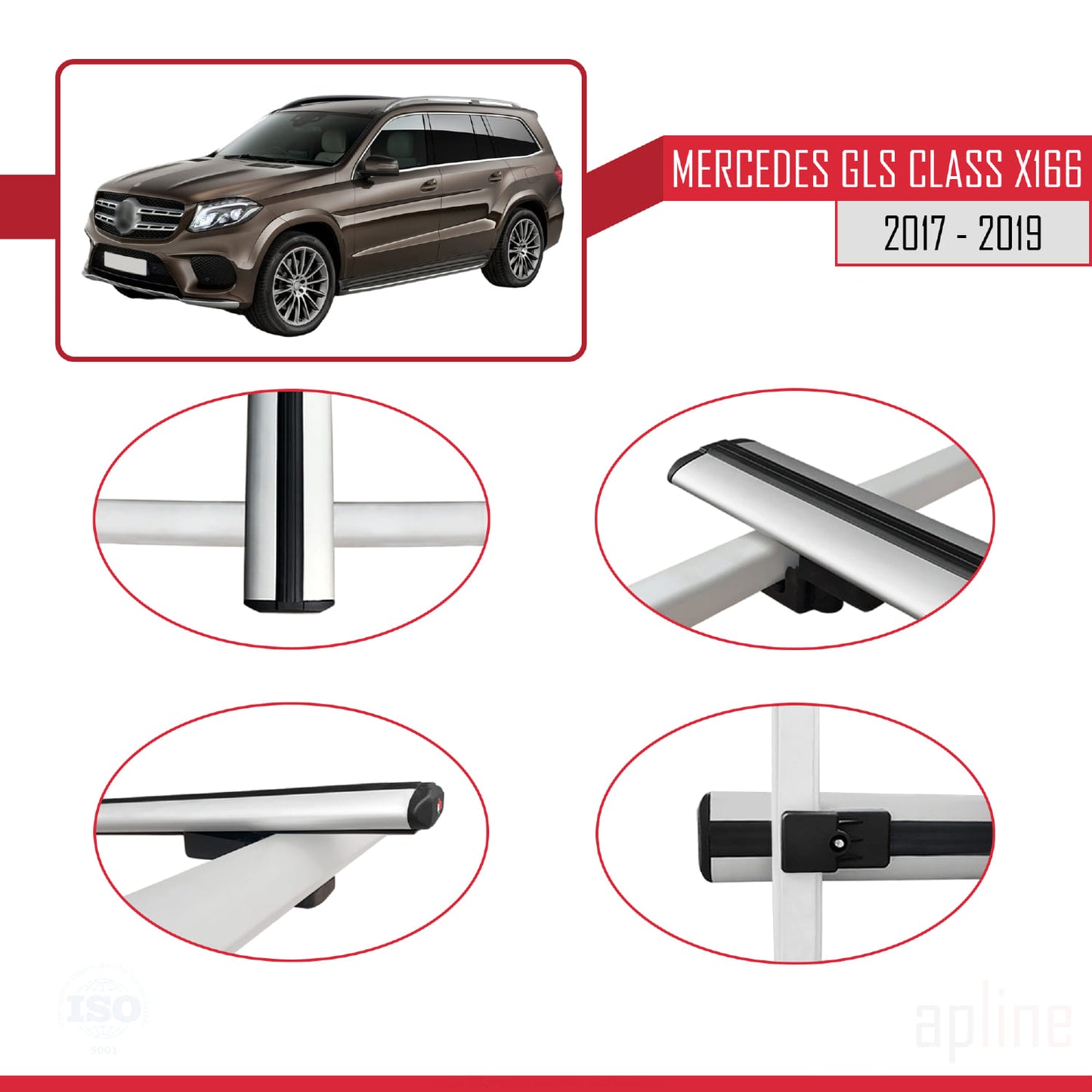 Compatible avec Mercedes GLS Class X166 2017-2019 BASIC Model Barres de Toit Railing Porte-Bagages de Voiture Gris Aluminium 3 Barres