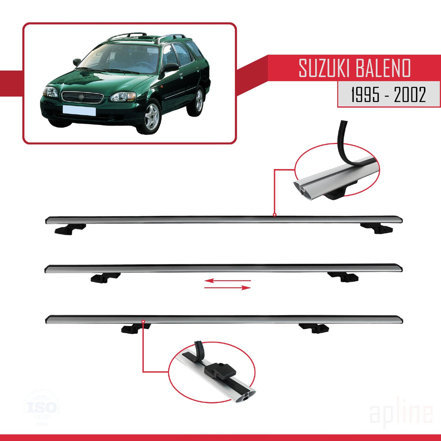 Compatible avec Suzuki Baleno 1995-2002 BASIC Model Barres de Toit Railing Porte-Bagages de Voiture Gris Aluminium 3 Barres