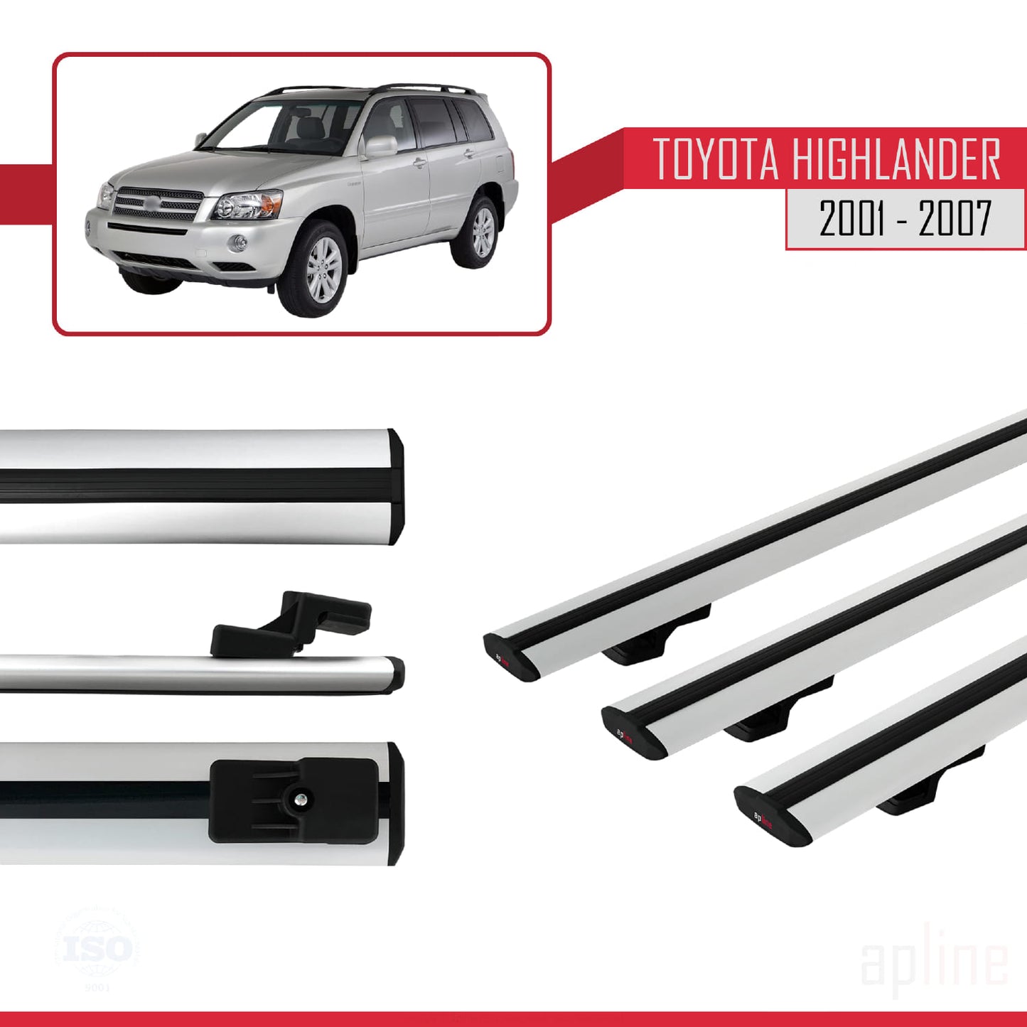 Compatible avec Toyota Highlander 2001-2007 BASIC Model Barres de Toit Railing Porte-Bagages de Voiture Gris Aluminium 3 Barres