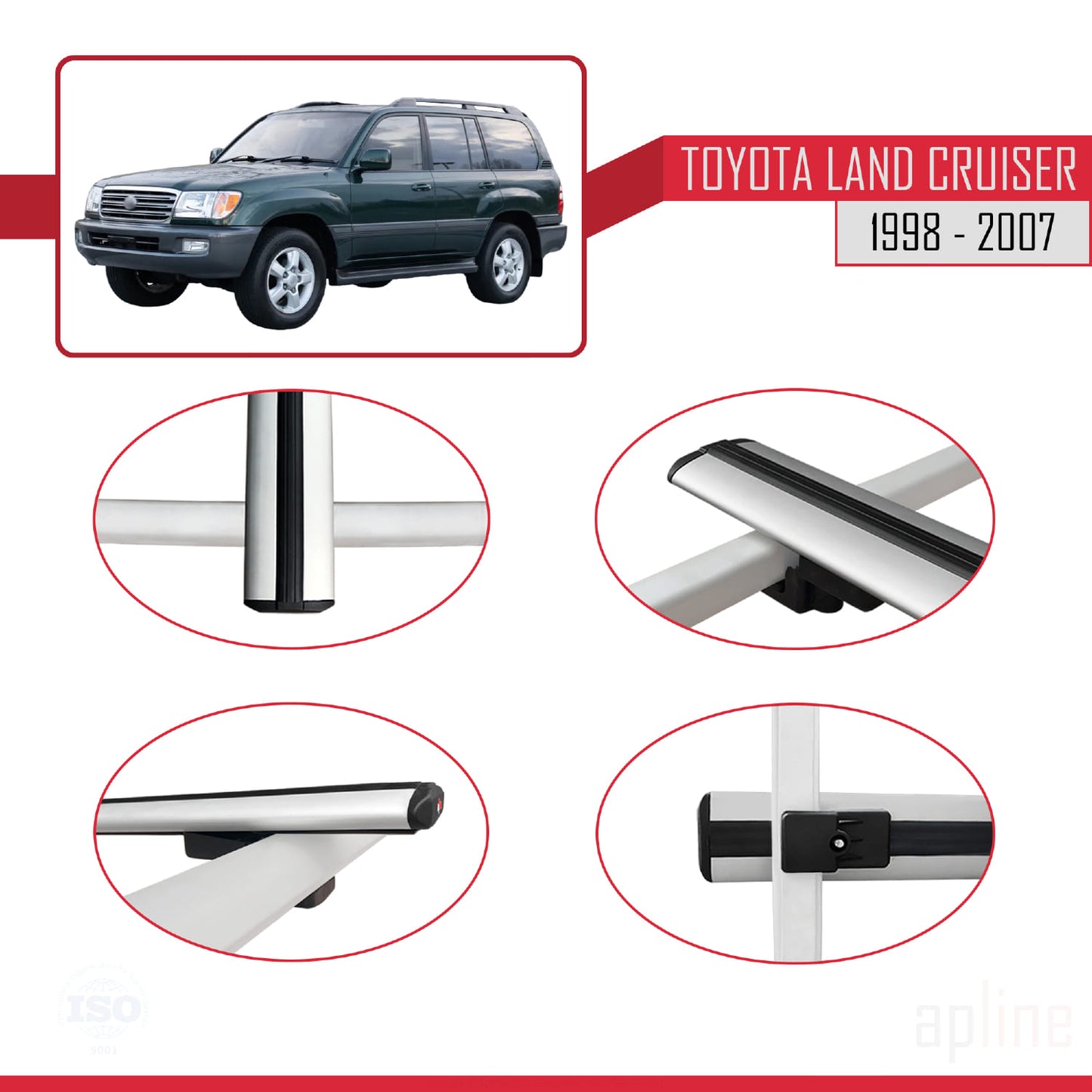 Compatible avec Toyota Land Cruiser 1998-2007 BASIC Model Barres de Toit Railing Porte-Bagages de Voiture Gris Aluminium 3 Barres