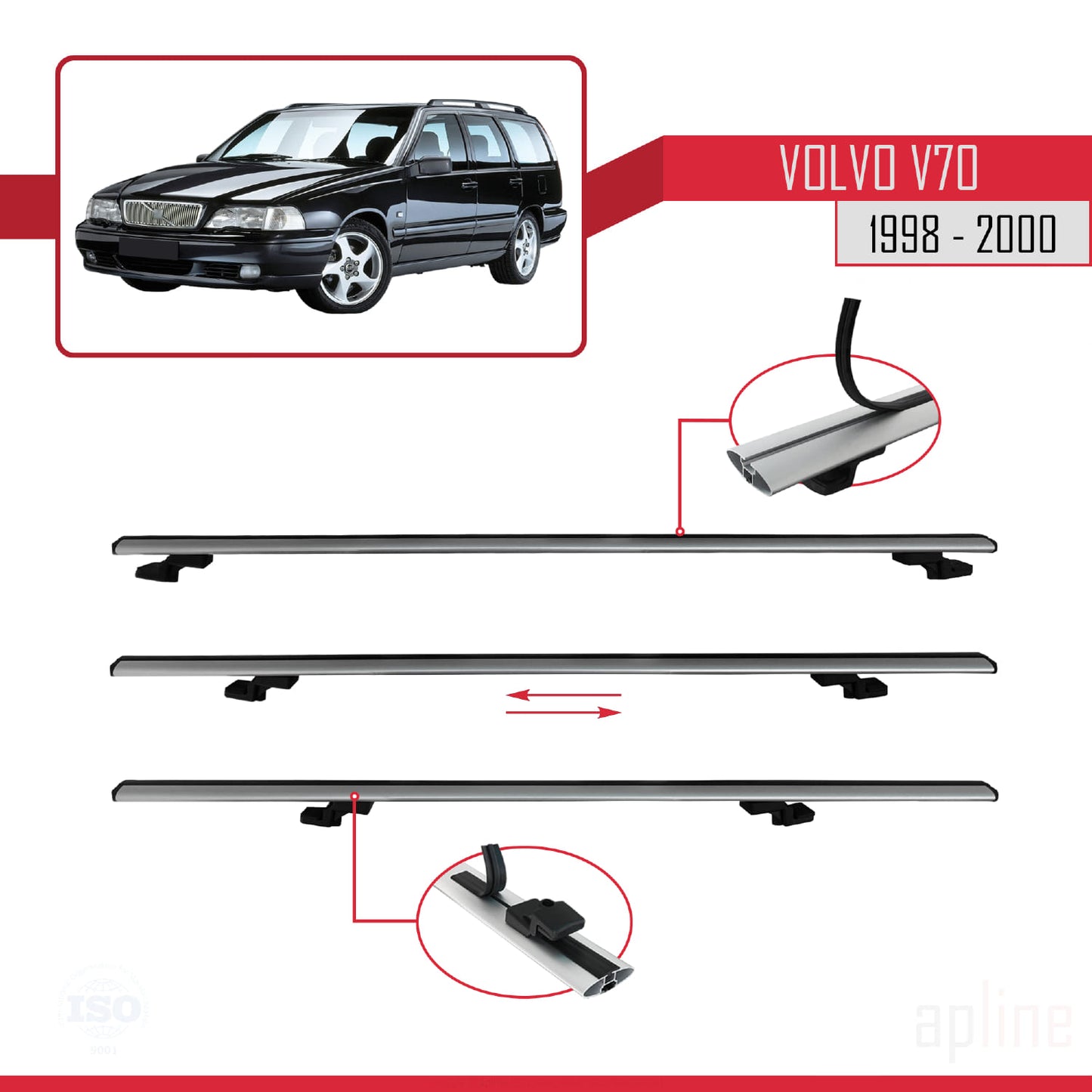 Compatible avec Volvo V70 1998-2000 BASIC Model Barres de Toit Railing Porte-Bagages de Voiture Gris Aluminium 2 Barres