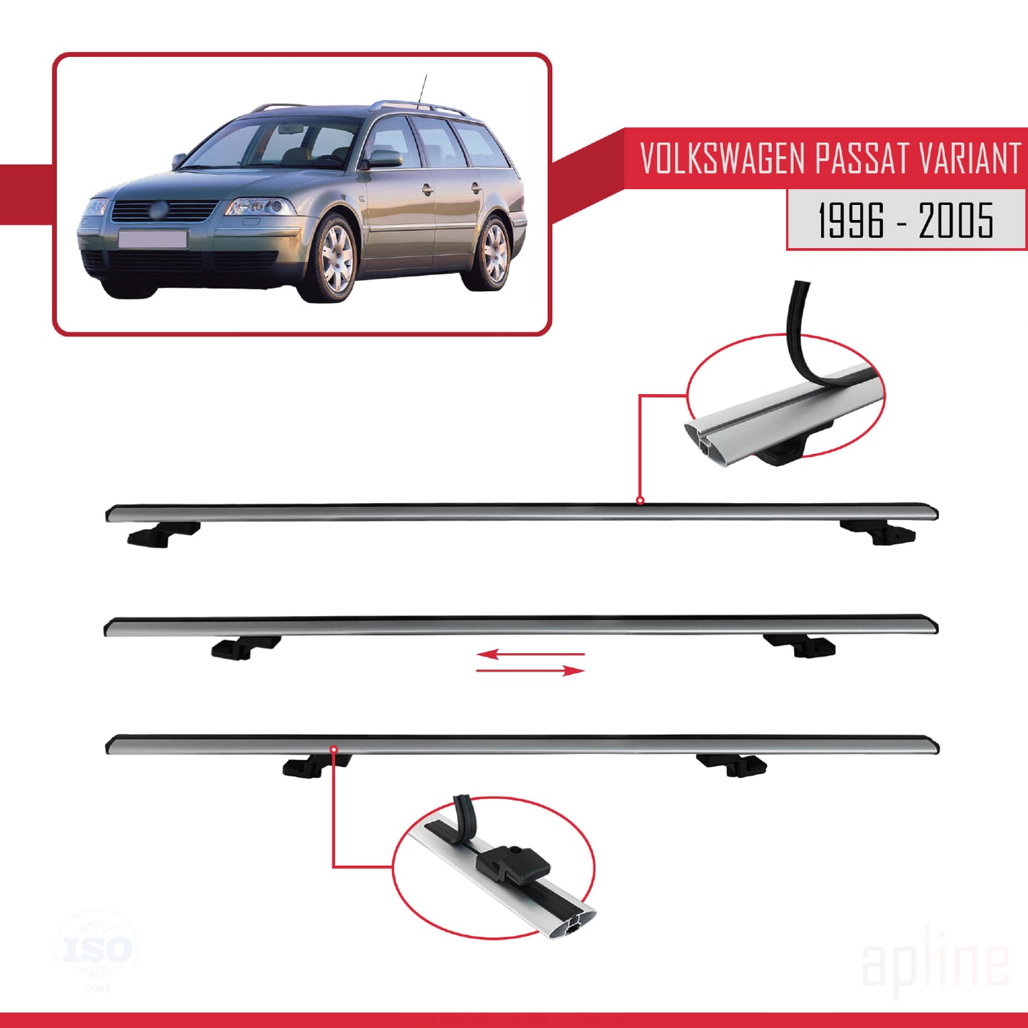 Compatible avec VW Passat B5 Variant 1996-2005 BASIC Model Barres de Toit Railing Porte-Bagages de Voiture Gris Aluminium 2 Barres