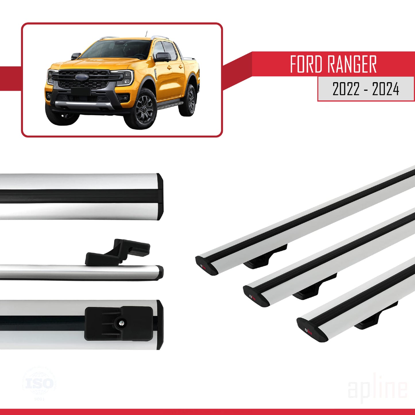 Compatible avec Ford Ranger (P703) 2022-2024 BASIC Model Barres de Toit Railing Porte-Bagages de Voiture Gris Aluminium 3 Barres