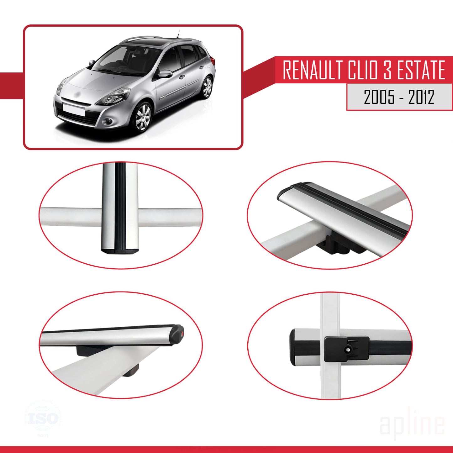 Compatible avec Renault Clio 3 Estate 2005-2012 BASIC Model Barres de Toit Railing Porte-Bagages de Voiture Gris Aluminium 3 Barres