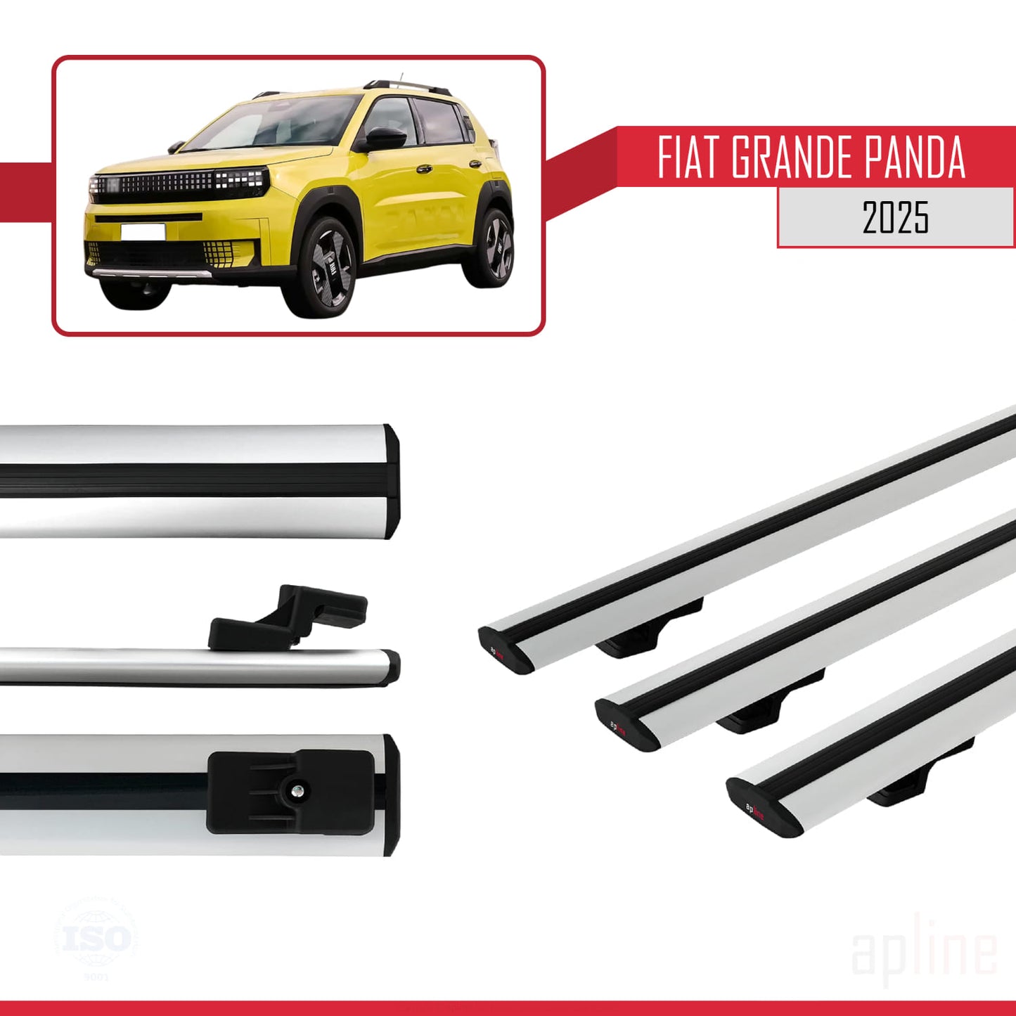 Compatible avec Fiat Grande Panda 2025-2025 BASIC Model Barres de Toit Railing Porte-Bagages de Voiture Gris Aluminium 3 Barres