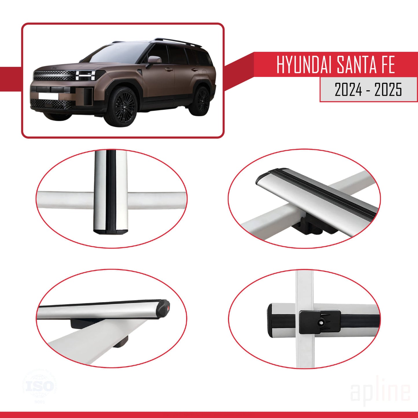 Compatible avec Hyundai Santa Fe 2024-2025 BASIC Model Barres de Toit Railing Porte-Bagages de Voiture Gris Aluminium 2 Barres