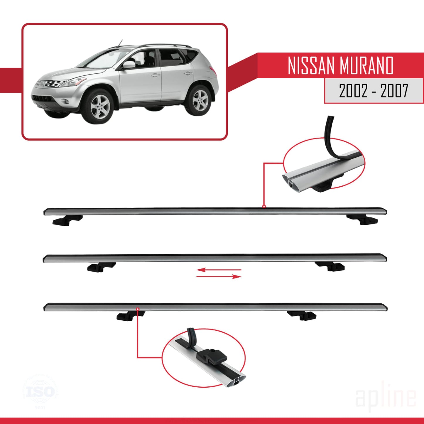 Compatible with Nissan Murano 2002-2007 BASIC Model Car Roof Rack Cross Bar Grey Aluminium 2 Bars