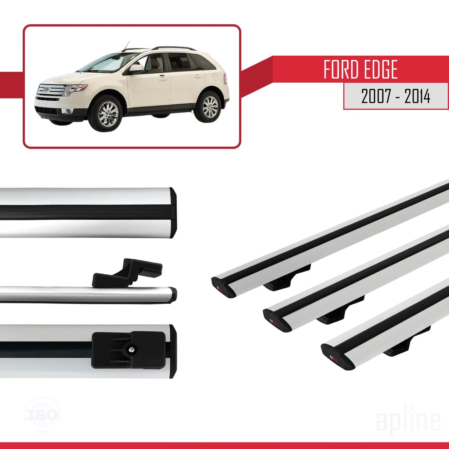 Compatible avec Ford Edge 2007-2014 BASIC Model Barres de Toit Railing Porte-Bagages de Voiture Gris Aluminium 3 Barres