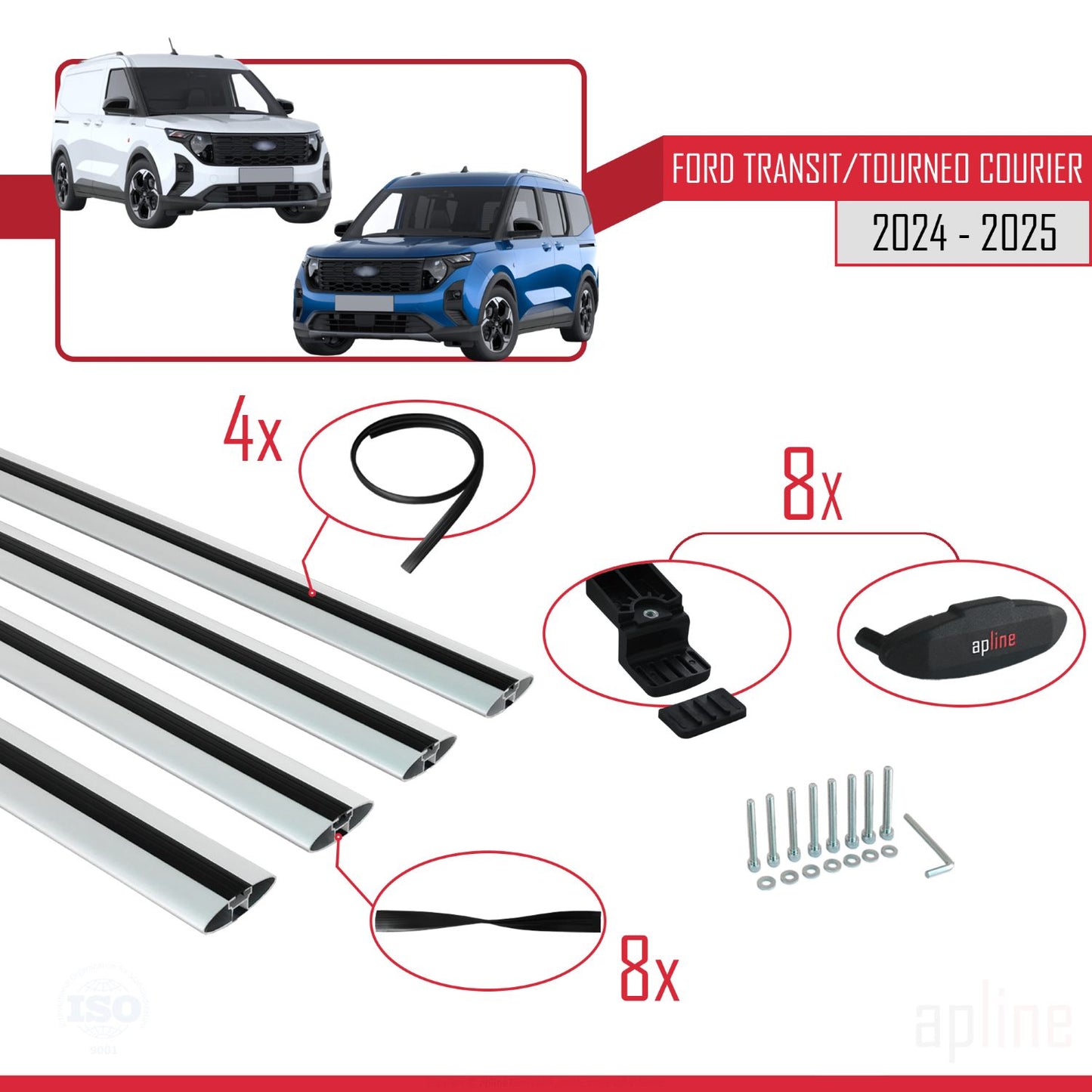Compatible avec Ford Transit/Tourneo Courier 2024-2025 BASIC Model Barres de Toit Railing Porte-Bagages de Voiture Gris Aluminium 4 Barres