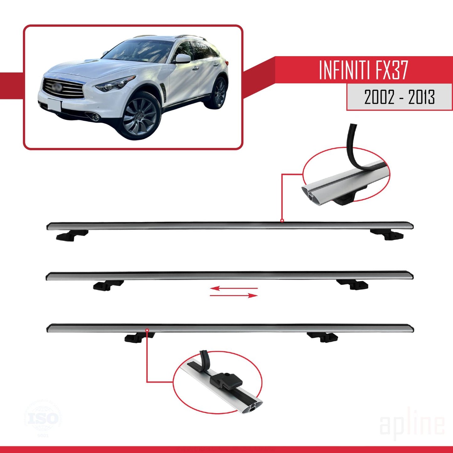 Compatible avec Infiniti FX37 2002-2013 BASIC Model Barres de Toit Railing Porte-Bagages de Voiture Gris Aluminium 2 Barres