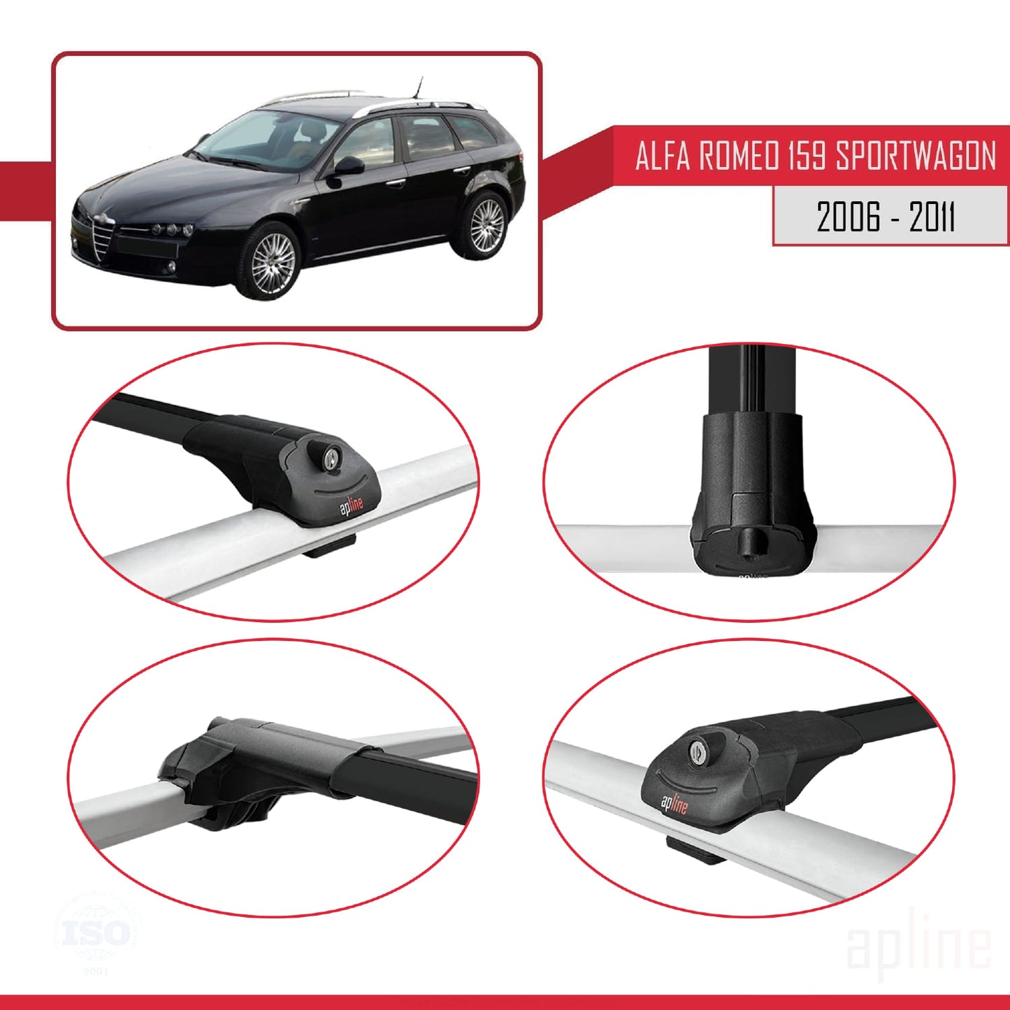 Compatible avec Alfa Romeo 159 (T939) Break 2006-2011 ACE-1 Barres de Toit Railing Porte-Bagages de Voiture Noir Aluminium 3 Barres